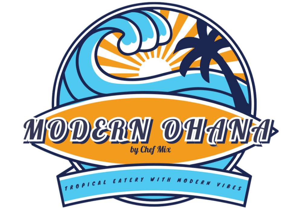 Logo for Modern Ohana by Chef Mix featuring a stylized ocean wave, palm trees, a sunset, and text indicating a tropical eatery with modern vibes.
