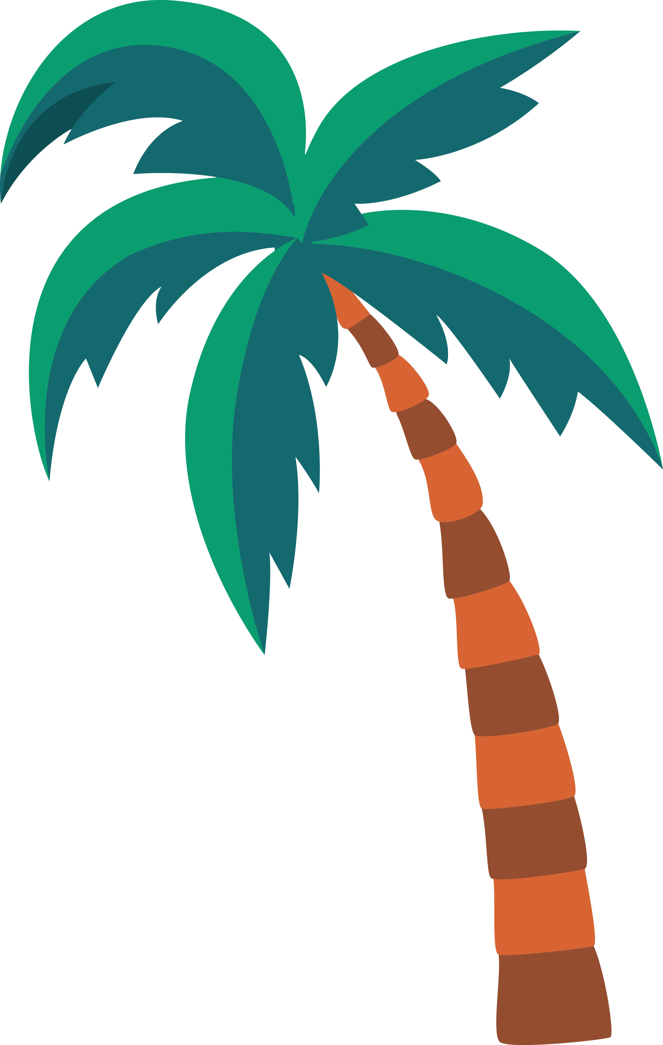 An illustration of a tropical palm tree with green leaves and a brown-and-orange striped trunk.