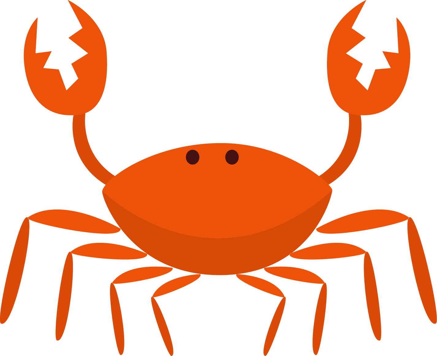 Illustration of a red crab with large claws and a segmented body.