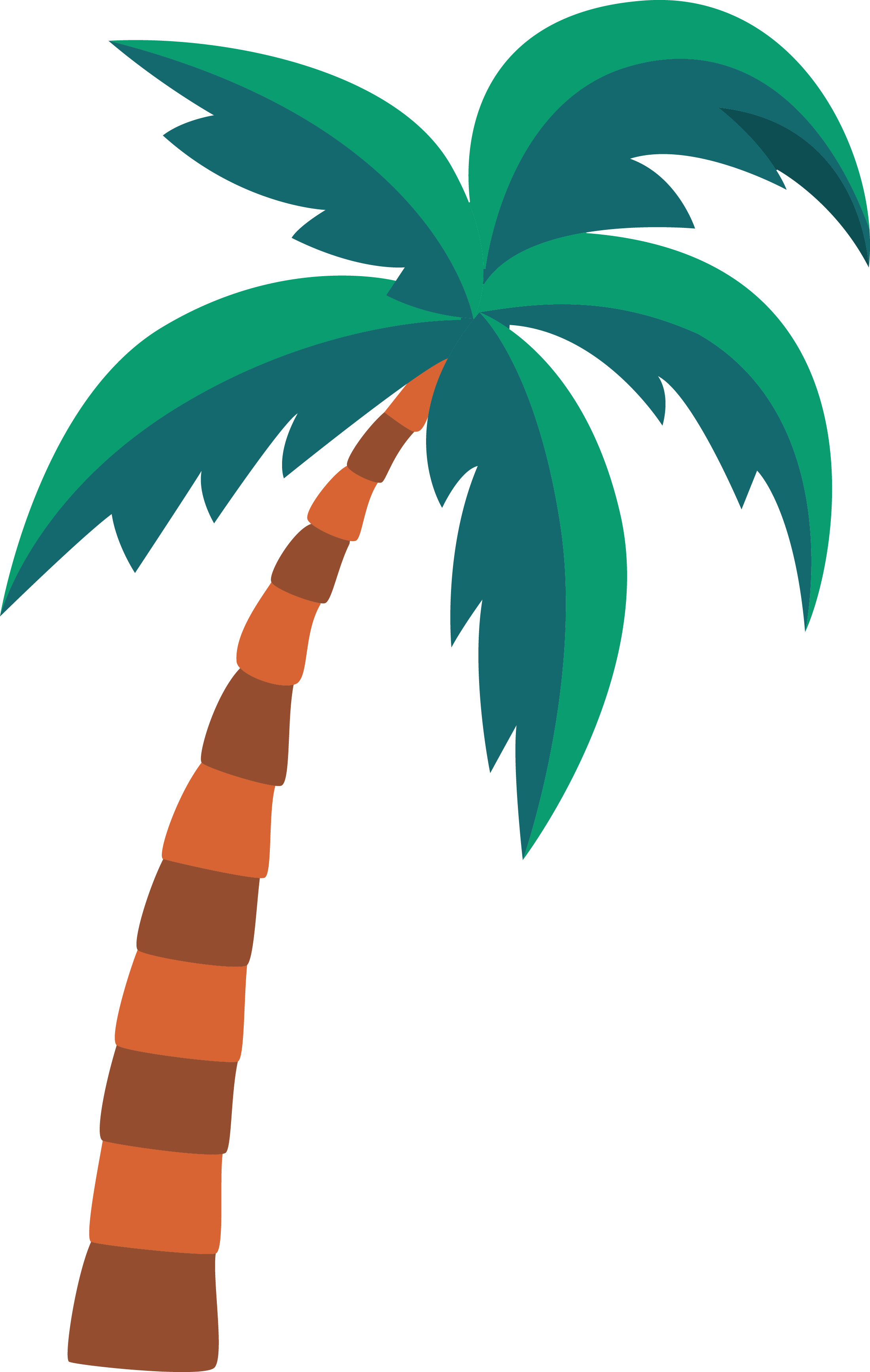 Stylized digital illustration of a palm tree with a brown and orange striped trunk and large green leaves against a black background.