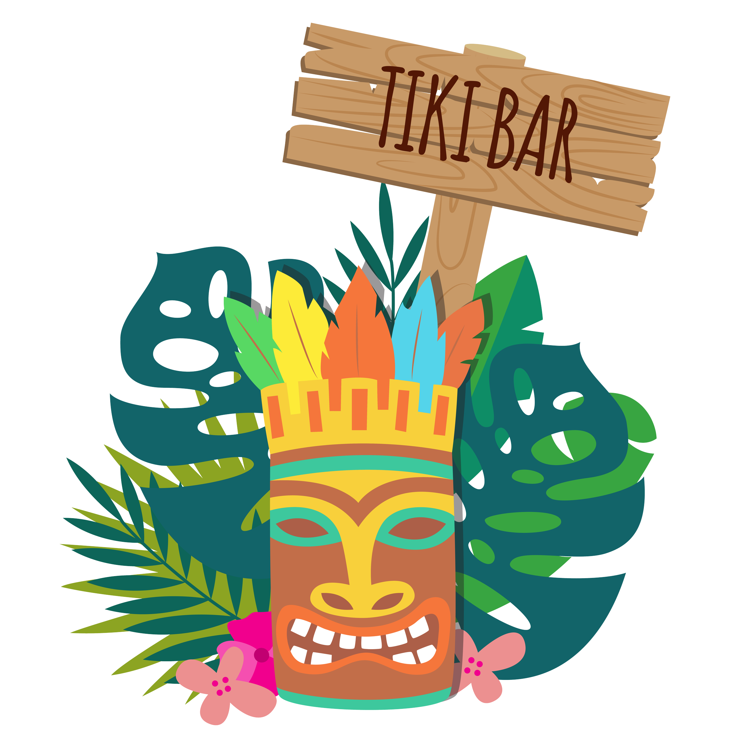 Colorful tiki mask with a wide open mouth, surrounded by tropical leaves and flowers, with a wooden sign that reads 'TIKI BAR' at the top.