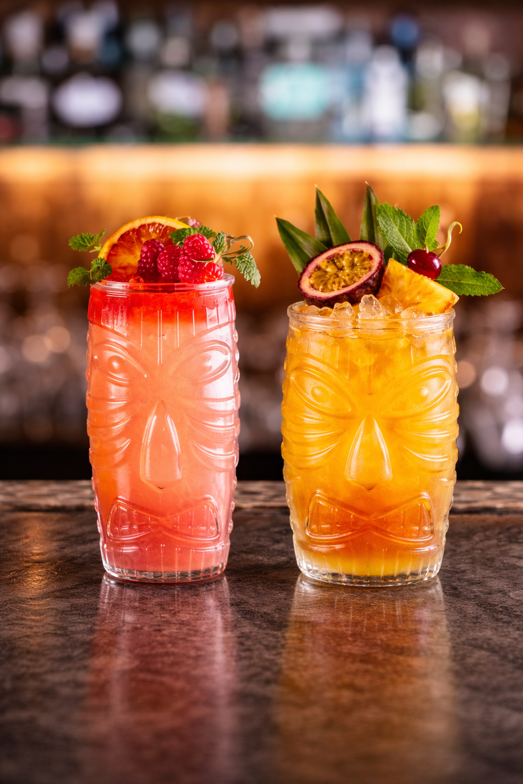 Two tiki-style glassware cocktails with tropical fruit garnishes, one with raspberries and an orange slice, the other with passion fruit, pineapple, cherry, and mint, on a wooden bar counter with a blurred bar background.