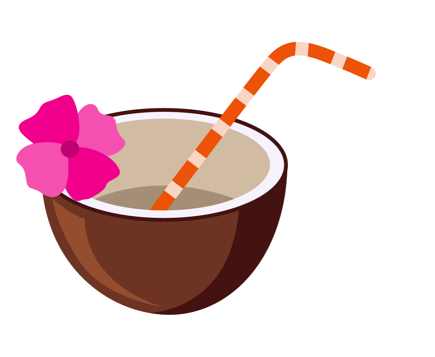Illustration of a coconut shell with a pink flower and a striped straw inside, suggesting a tropical drink.