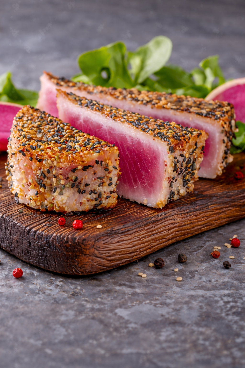 Seared ahi tuna steak coated with black and white sesame seeds, sliced and arranged on a rustic wooden board with greens and radish slices in the background.