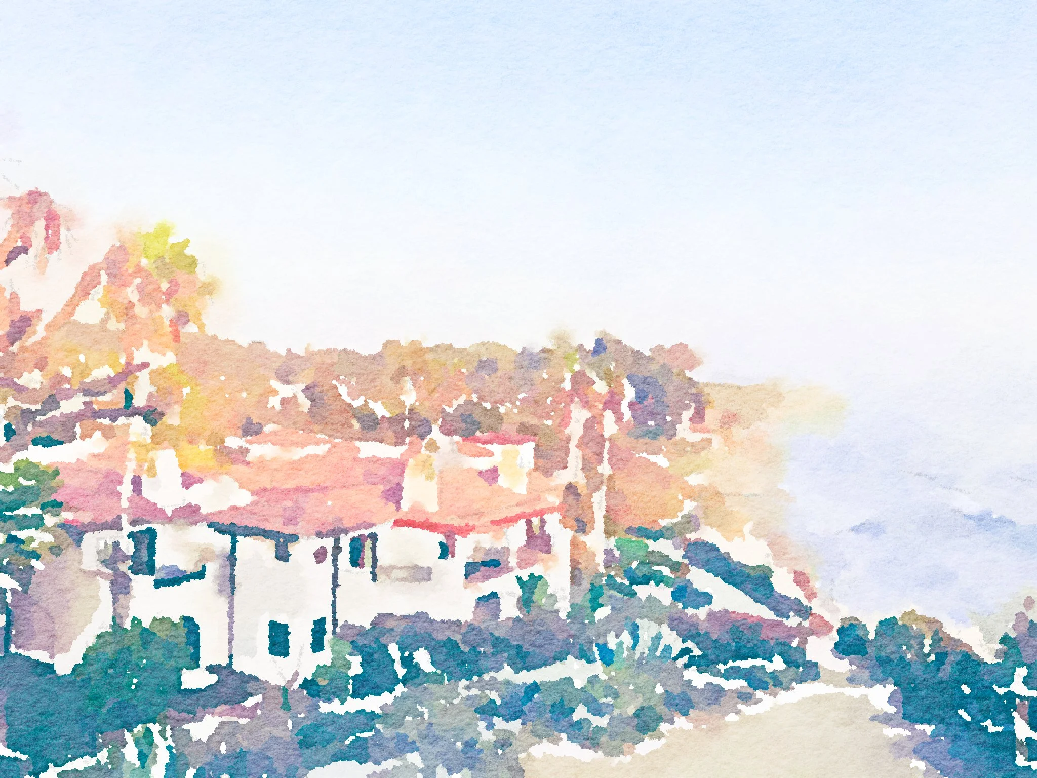 A watercolor painting of a coastal scene with houses on a hillside, trees, and the ocean in the background.