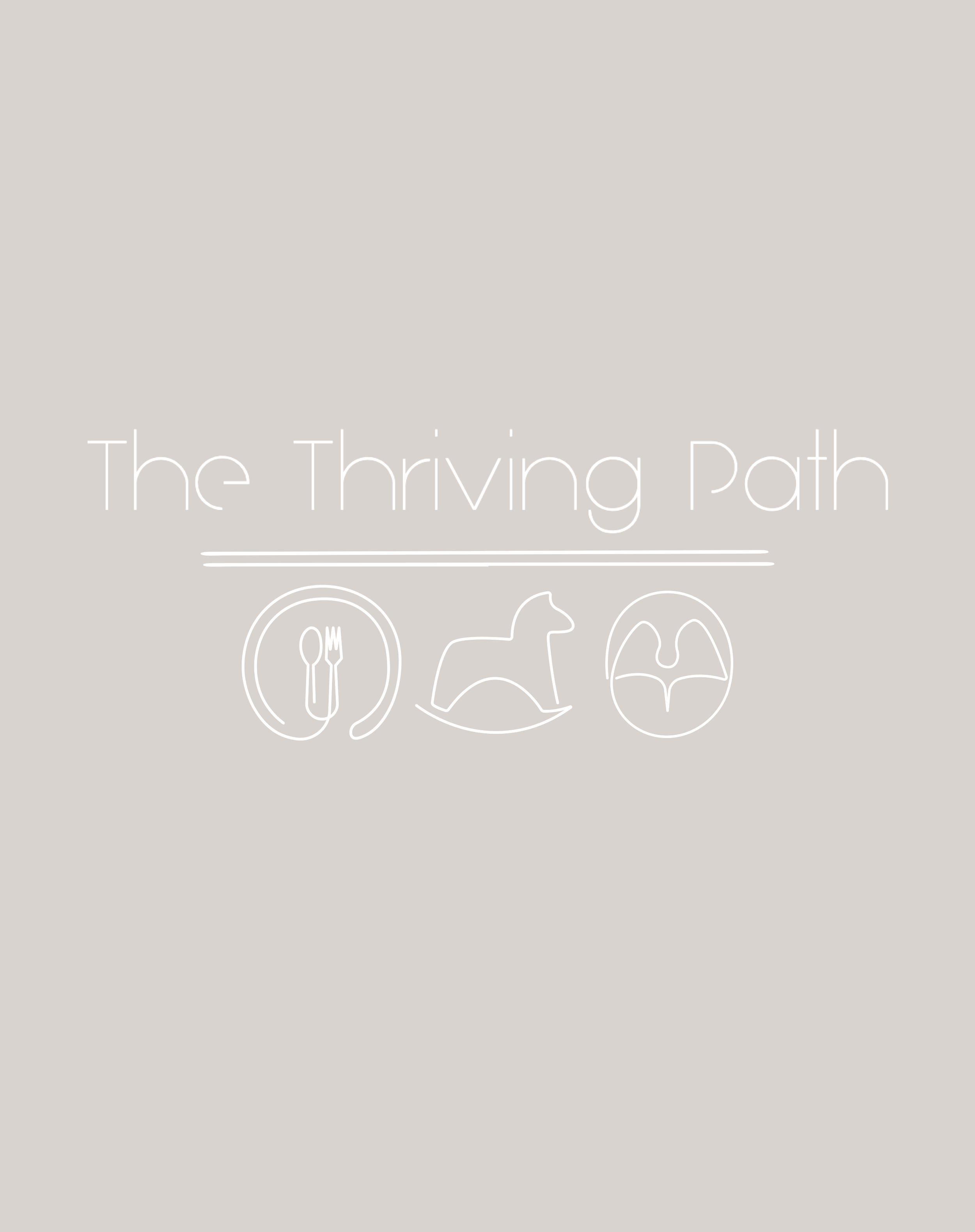Cover image with the title 'The Thriving Path' and three line art icons of a plate with fork and knife, a rocking horse, and a bird in a nest on a light gray background.