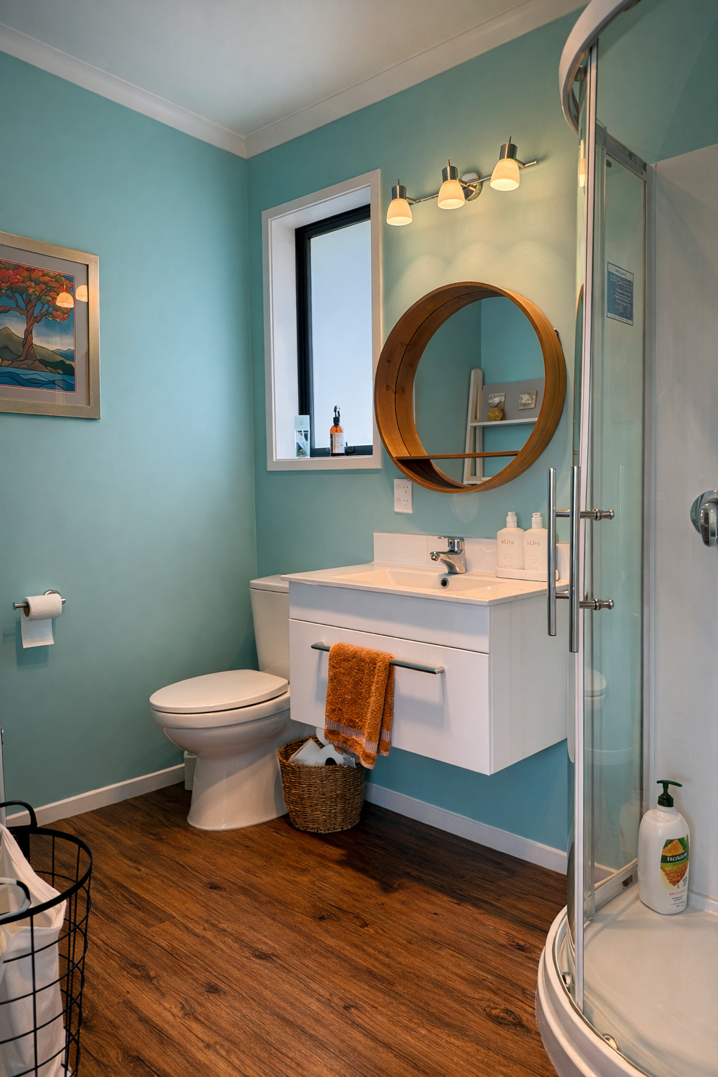 A small bathroom with a blue wall, a window, a white toilet, a wall-mounted sink with a round wooden mirror, a shower stall, and wooden flooring.