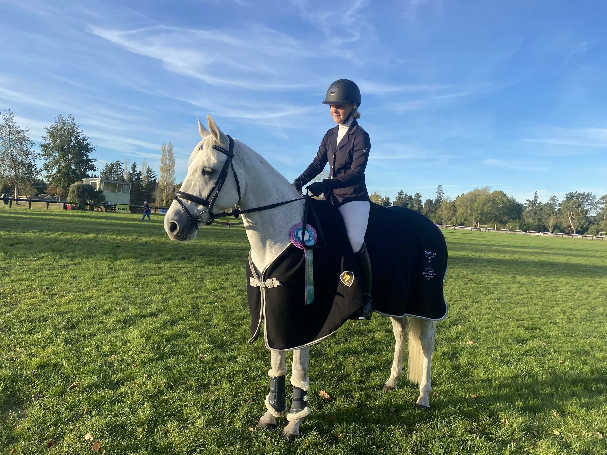 A woman in riding gear sitting on a white horse with black attire and a ribbon, standing in a grassy field under a blue sky.