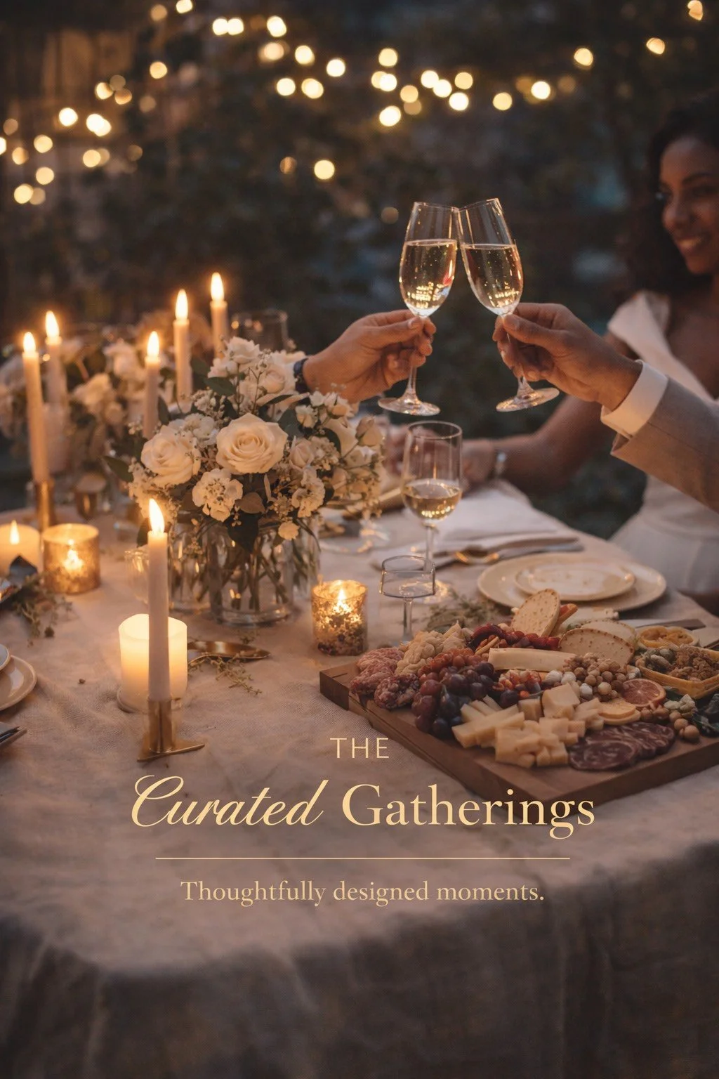 Elegant dinner table with candles, floral centerpiece, cheese platter, and people clinking glasses in a warm, candlelit setting.