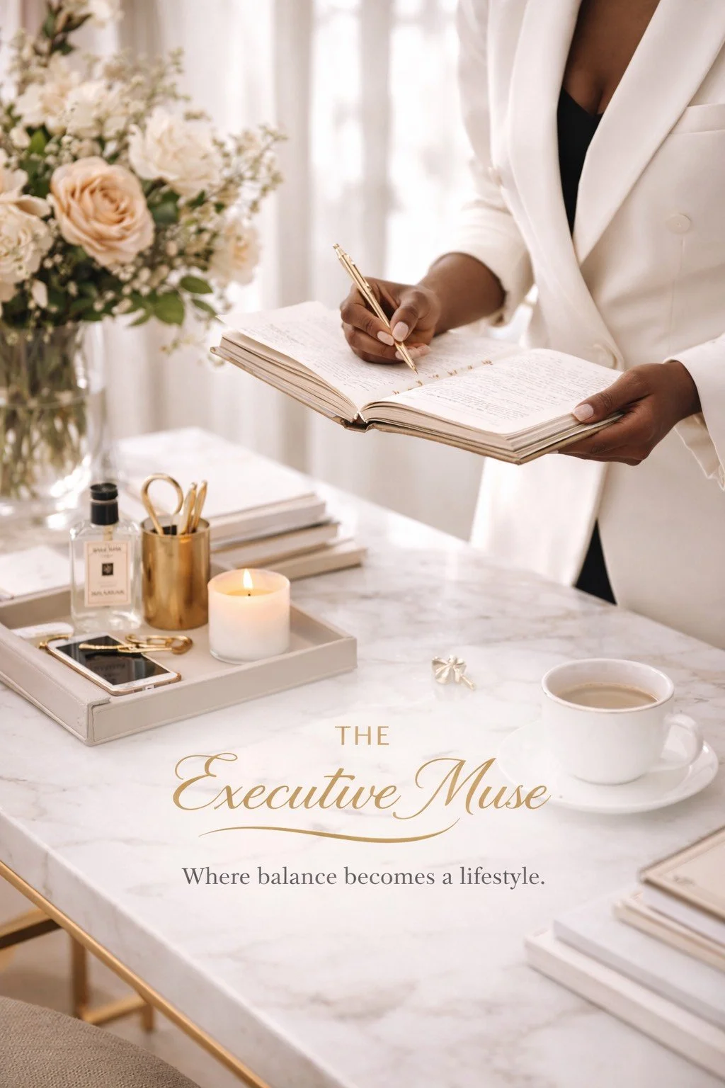 A woman in a white blazer is writing in a notebook on a marble table, surrounded by a bouquet of flowers, a lit candle, a tray with various items, and a cup of coffee.