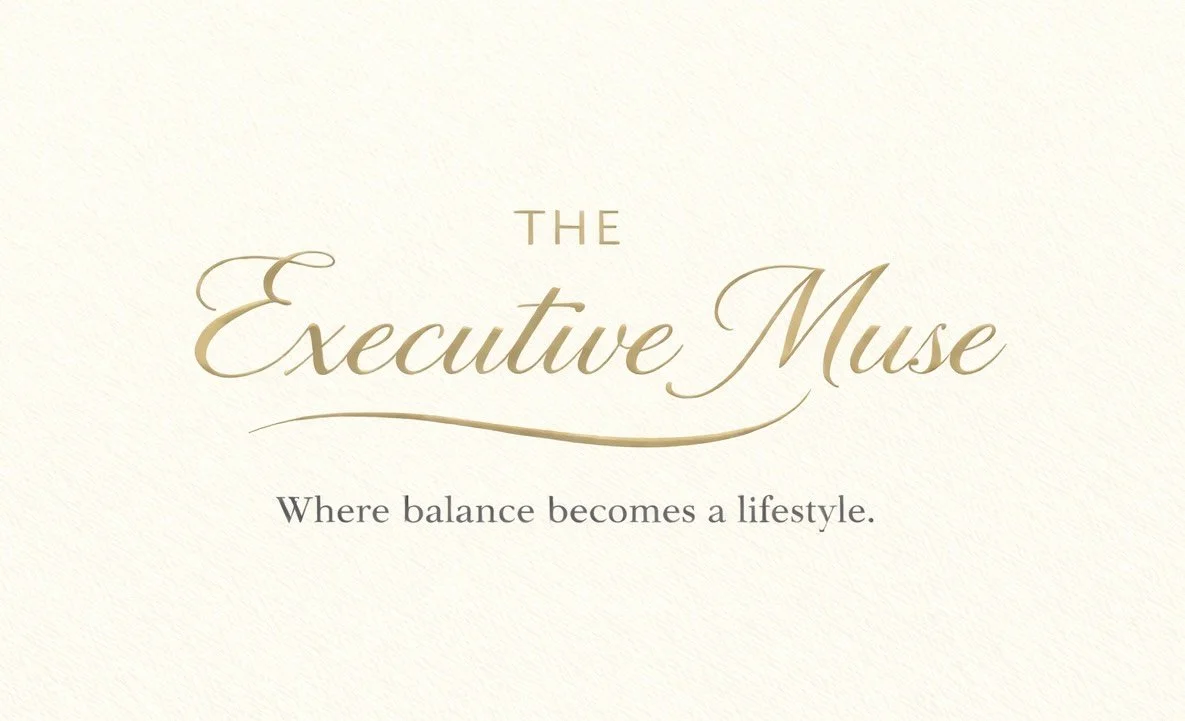 Logo with the text "The Executive Muse" and a tagline "Where balance becomes a lifestyle" on a light-colored background.
