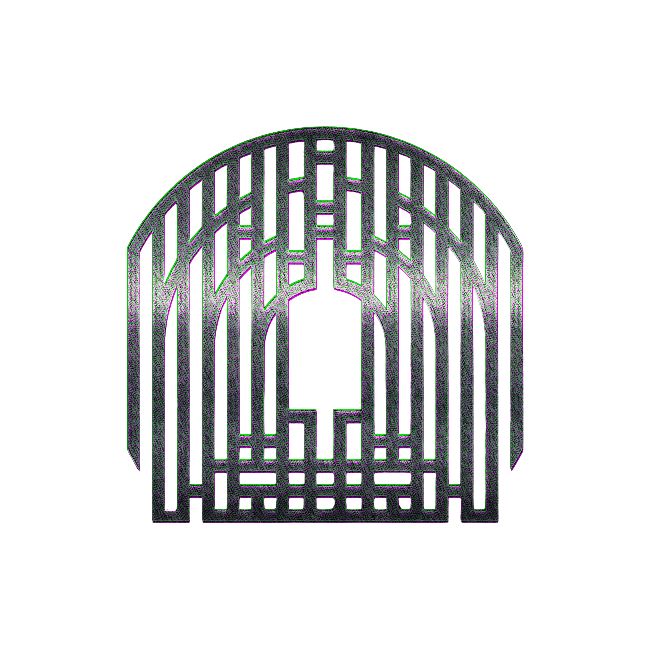 Stylized arched doorway icon with vertical lines and a central circular opening, rendered in dark gray on a black background.