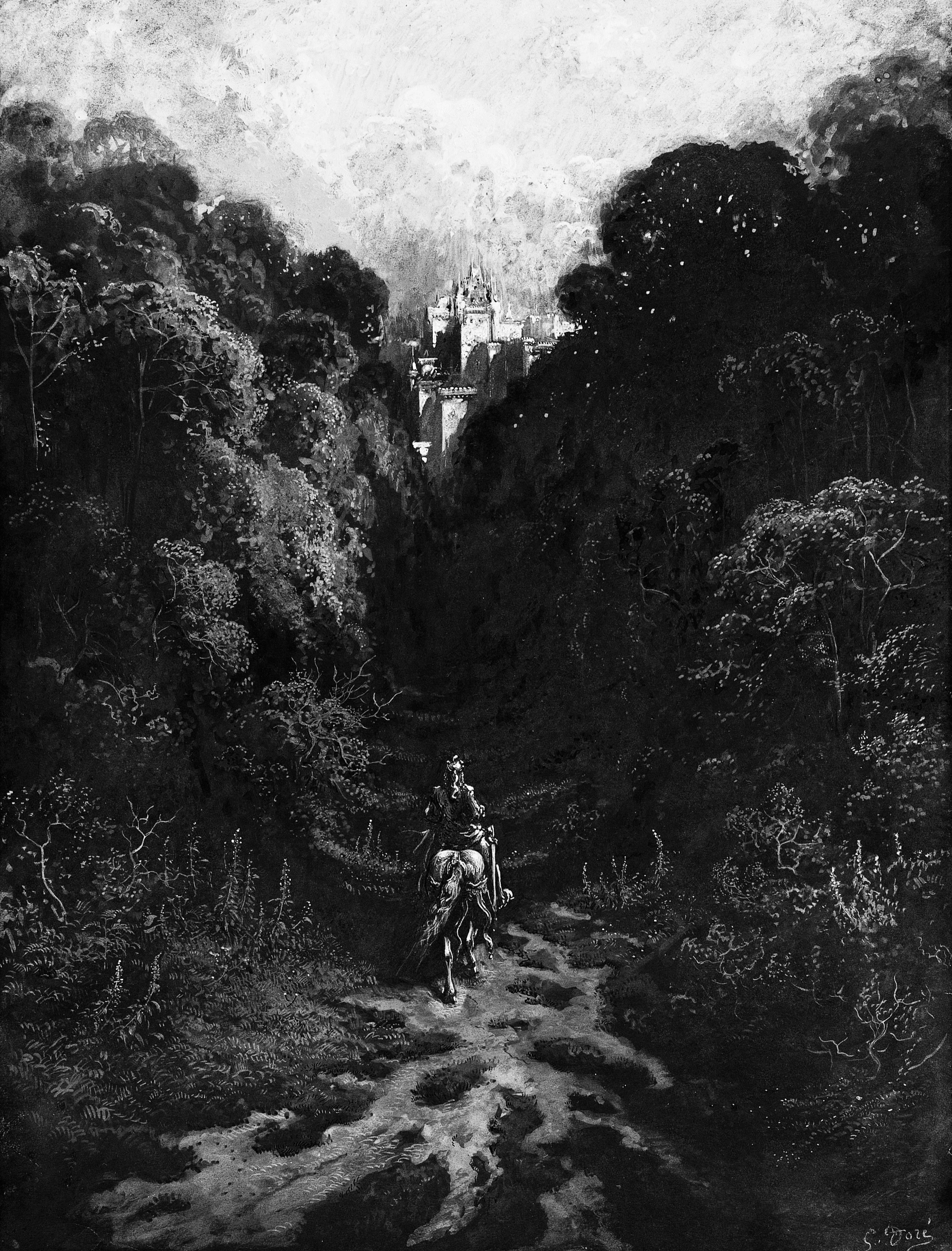A black and white painting of a knight on horseback traveling along a forest path towards a distant castle on a mountain.