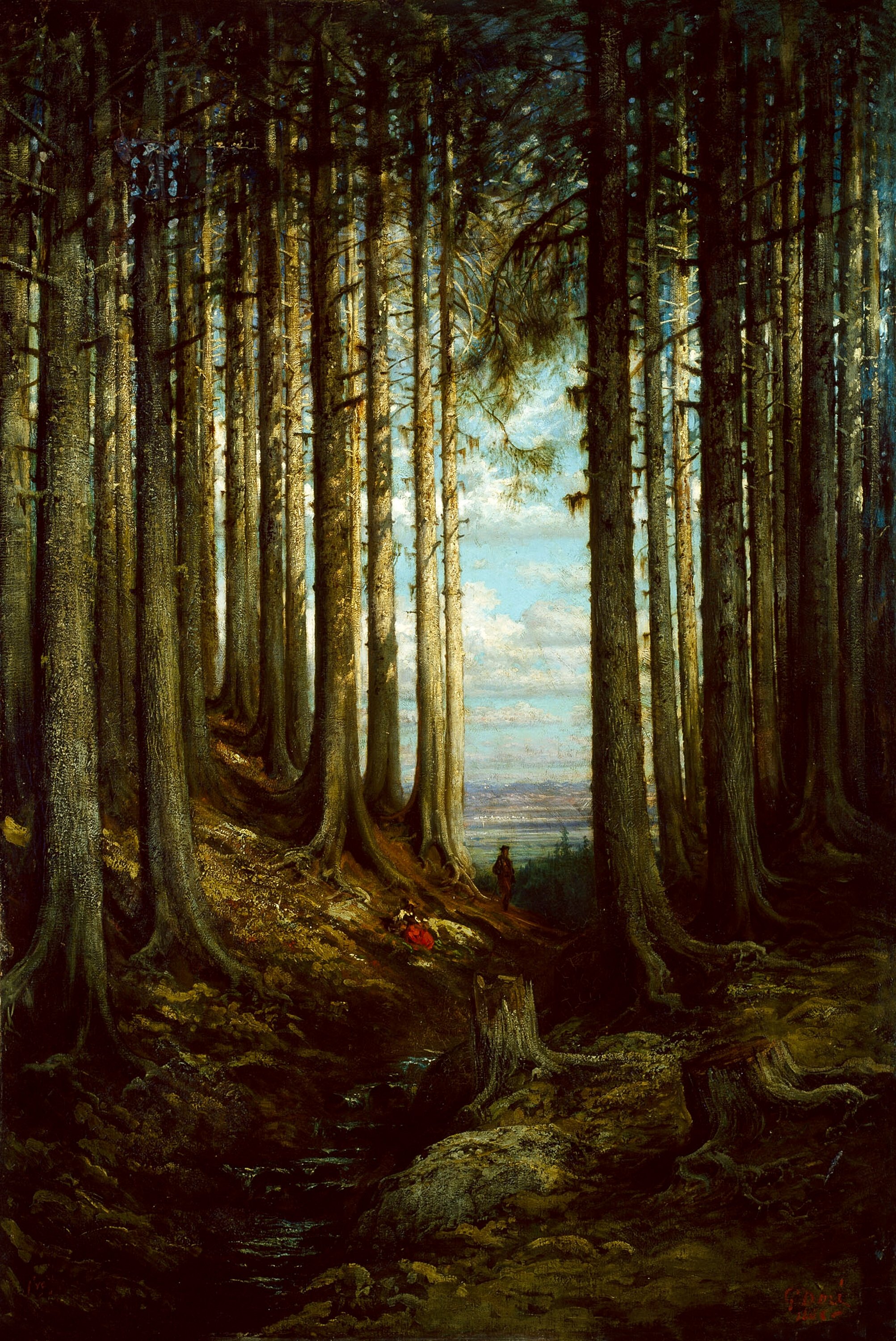 A painting of a forest with tall trees and a person walking along a path, with a view of the sky and distant landscape in the background.