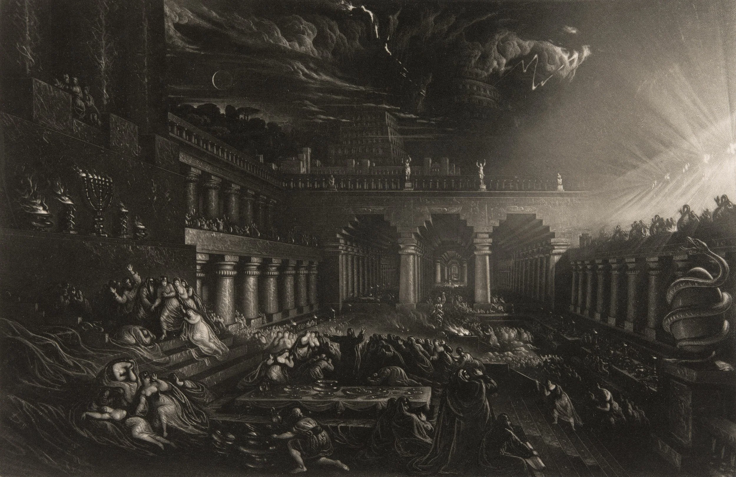Dark, dramatic illustration of a large, grand structure with stairs, columns, and figures, set against a mysterious sky with swirling clouds, a crescent moon, and beams of light.