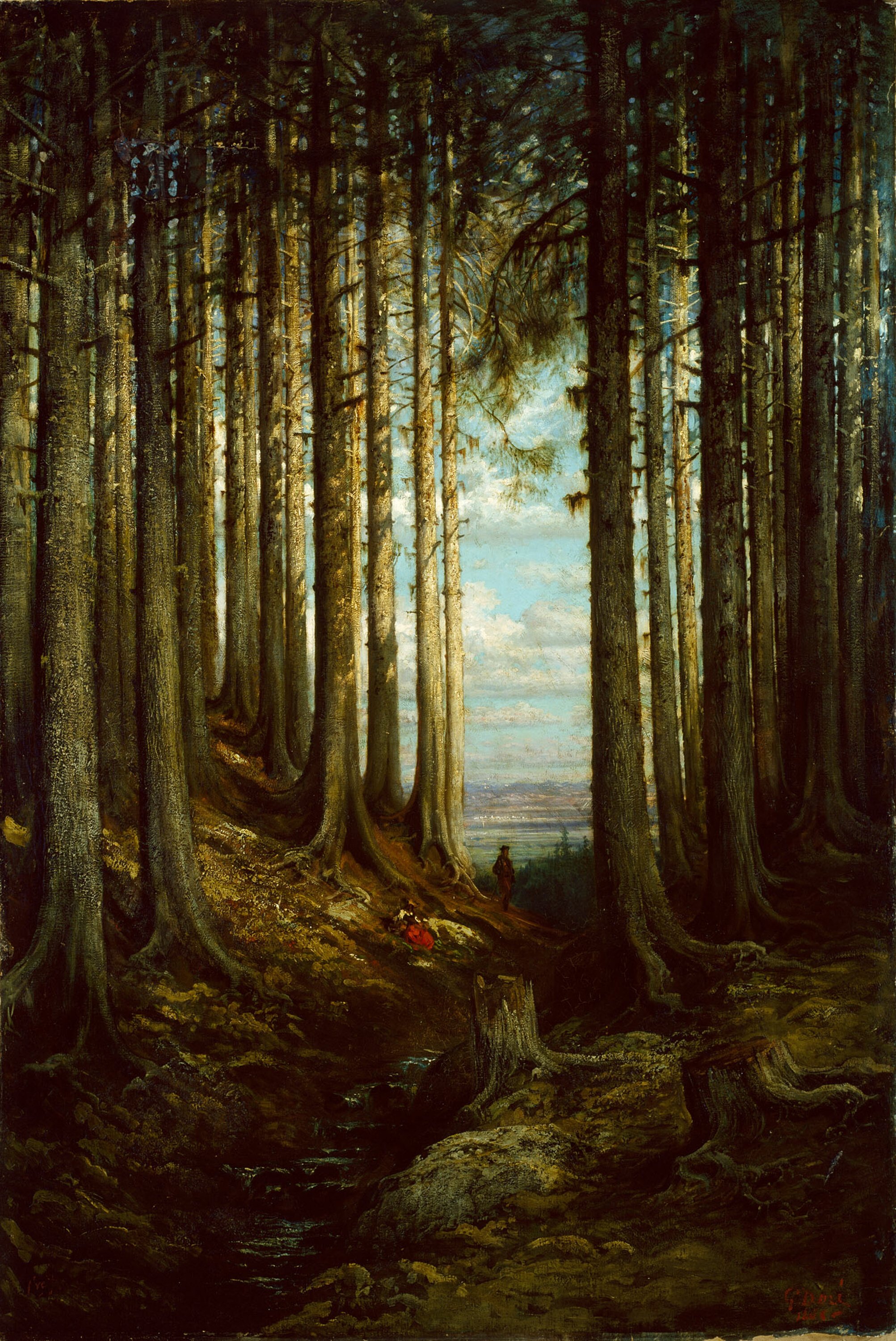 A dense forest with tall trees and a narrow path at the center. The sky is visible through the trees, suggesting a clearing or opening.