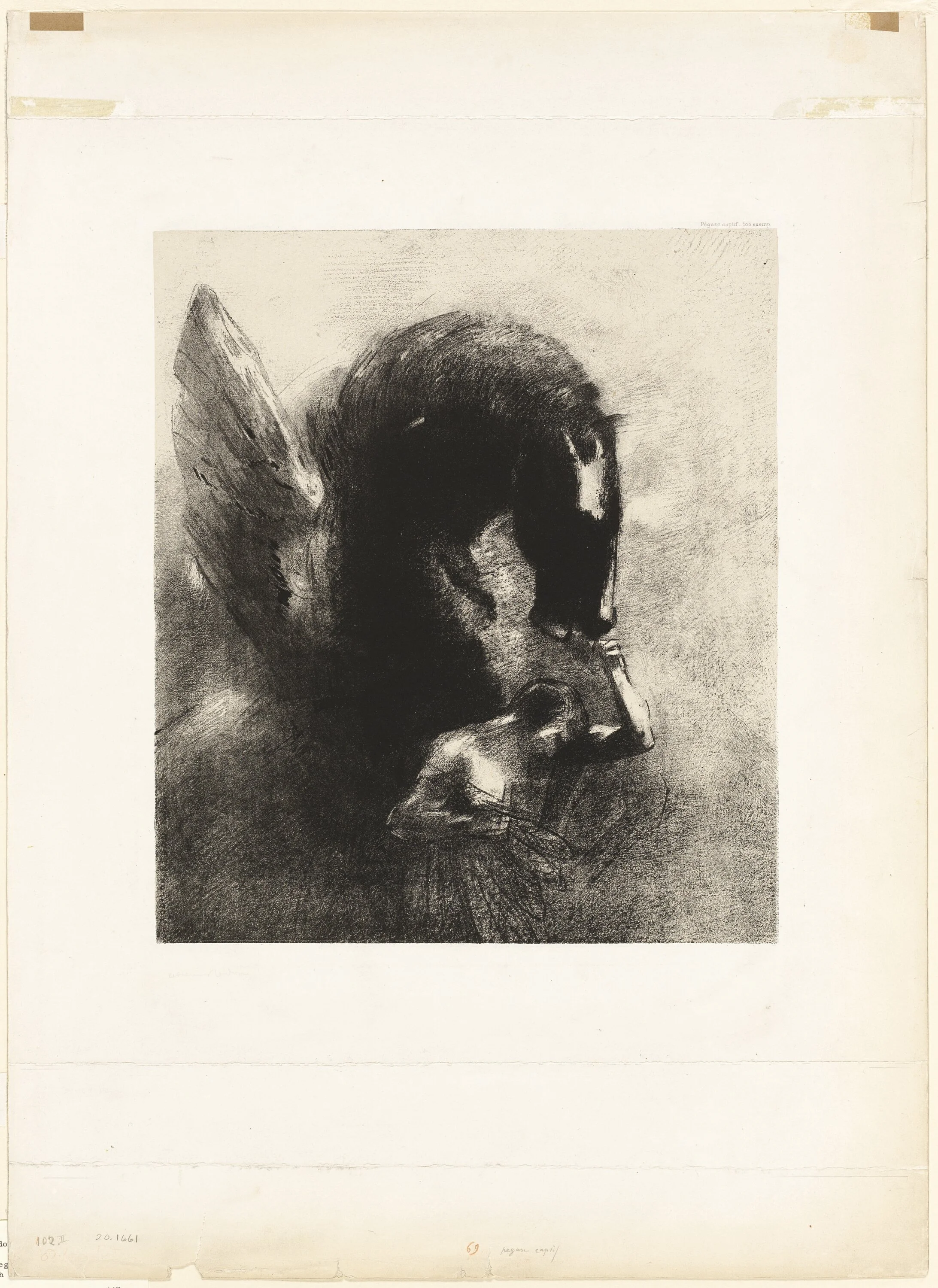 A black and white sketch of a horse's head in profile view, with detailed shading and textures. The drawing appears to be on old paper with some visible annotations and minor tears.
