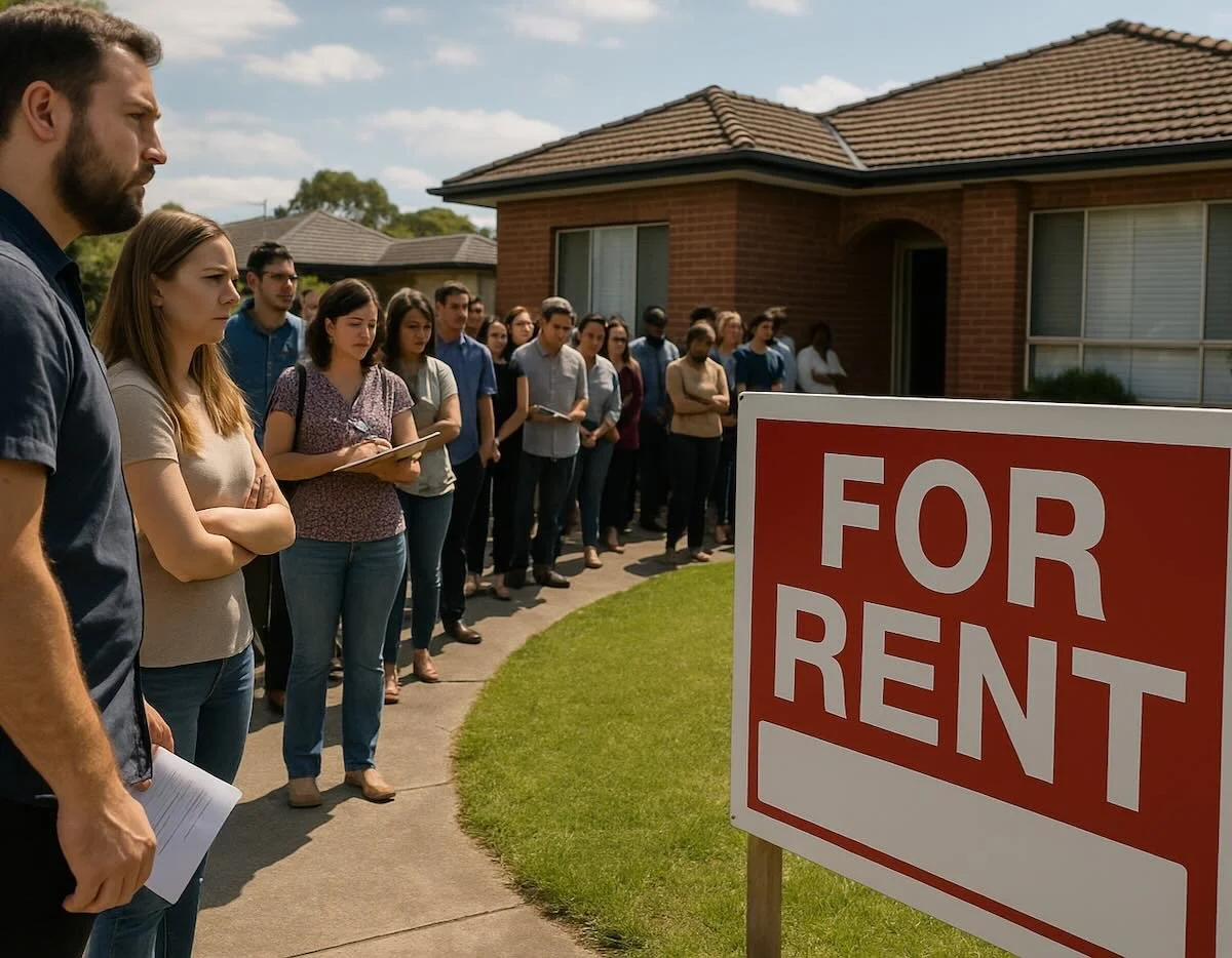 Group of people waiting in line outside a house for a rental property due to a "For Rent" sign in the front yard.