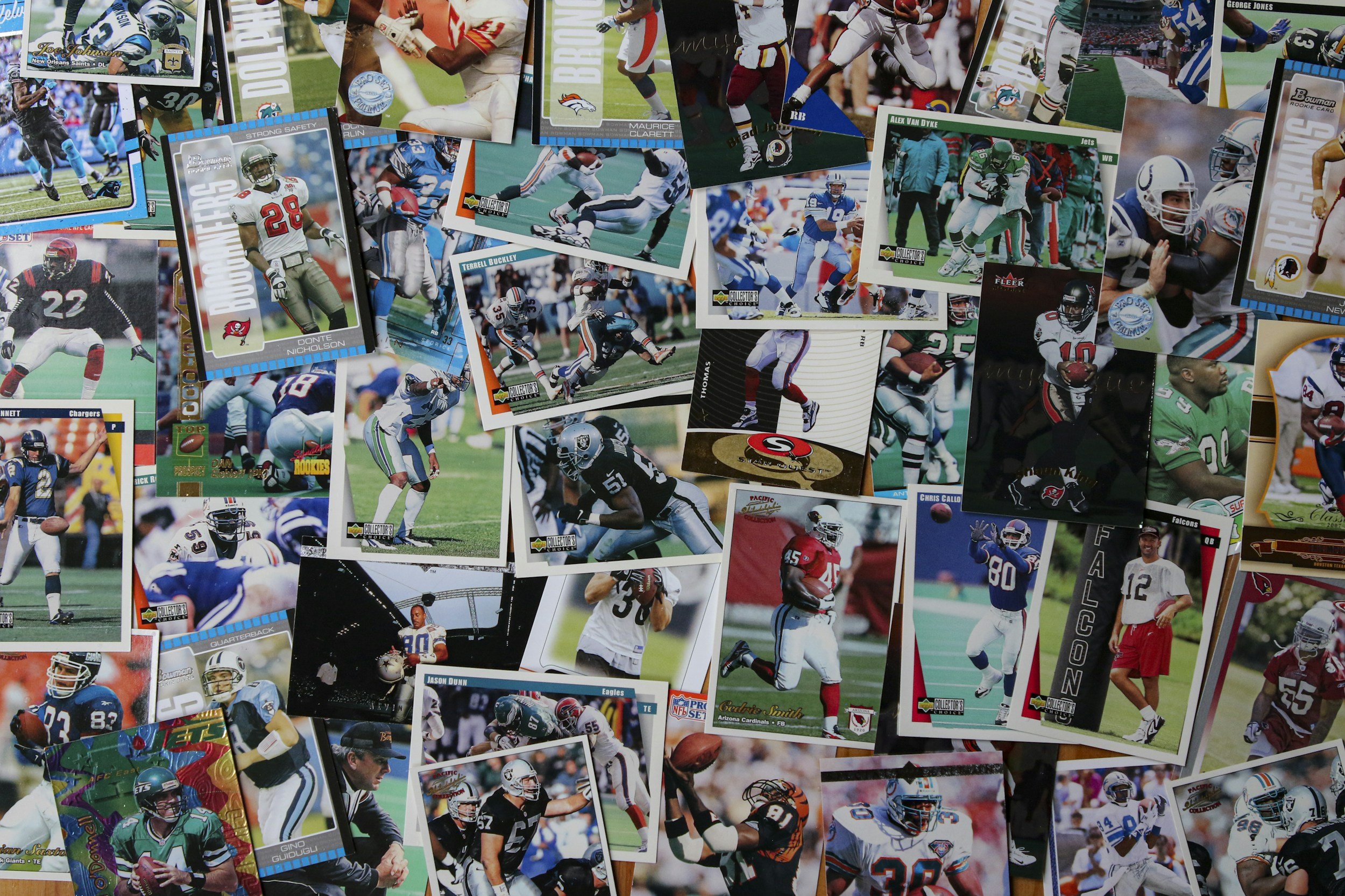 A collage of various football trading cards and photographs featuring players from different teams, in different poses, wearing team uniforms, helmets, and gear, with some players in action during games.