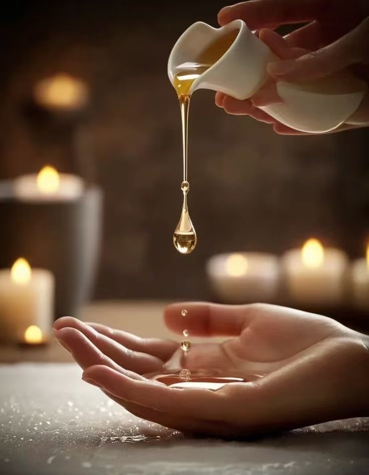A person is pouring honey from a small white pitcher into their cupped hand, creating a slow, golden drip.