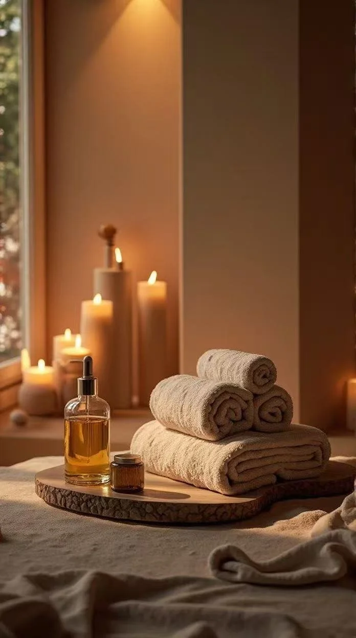 Stacked beige towels on wooden tray near a window with lit candles and a bottle of oil in a cozy, warmly lit spa or bathroom setting.