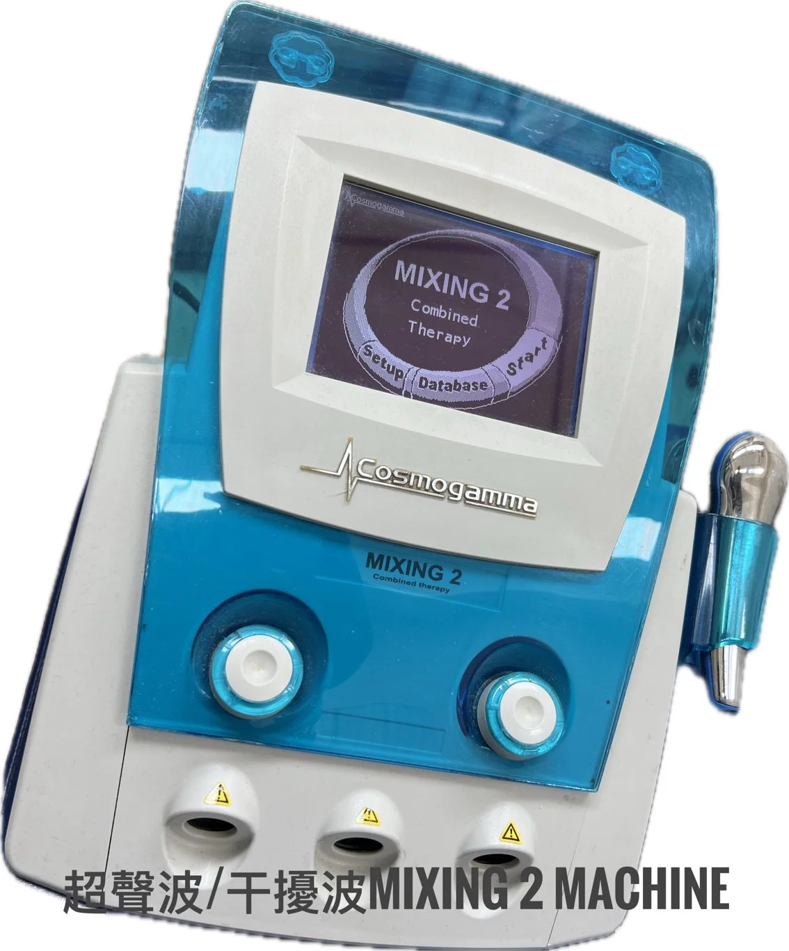 blue colour ultrasound physiotherapy/interferential therapy ;mixing 2 machine; soft tissue injury;
sprained ankle; knee problem; back and neck pain