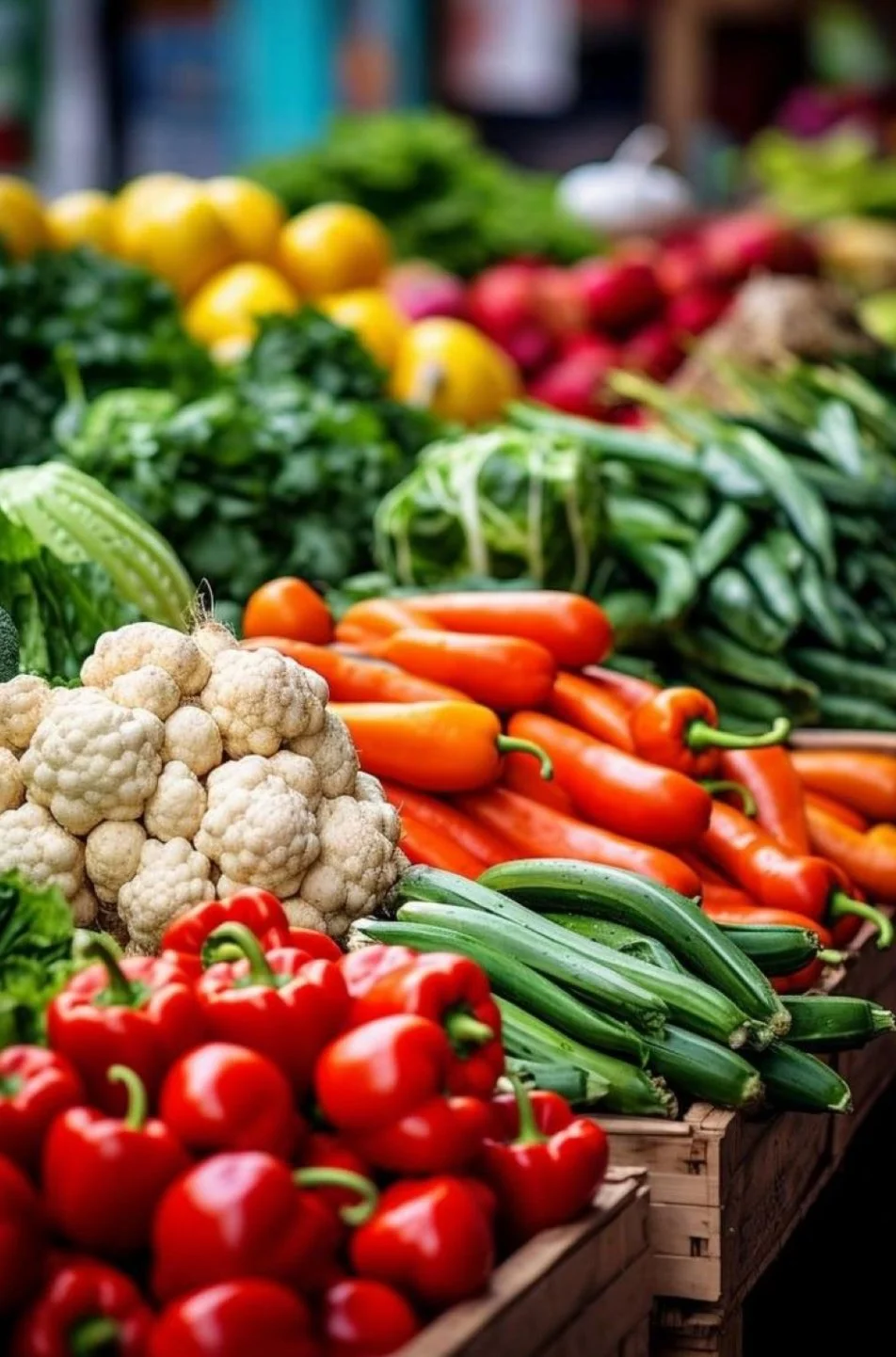 Fresh vegetables including cauliflower, red bell peppers, green chili peppers, carrots, zucchini, and leafy greens at a farmers market