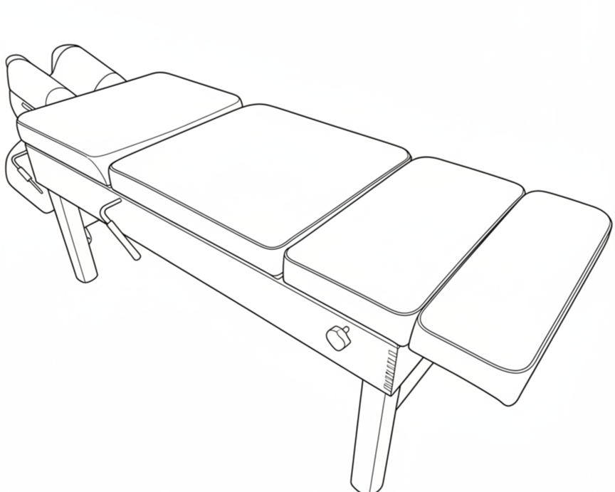 Line drawing of an adjustable medical examination table with padded sections and side rails.
