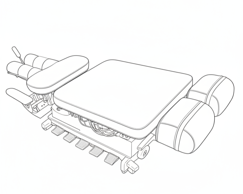 A detailed line drawing of a hybrid or electric car's chassis, featuring components like the battery pack, suspension, and three pedals.