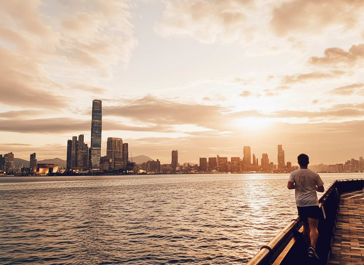 A person jogging along a waterfront promenade at sunset with a city skyline in the background, including tall skyscrapers.