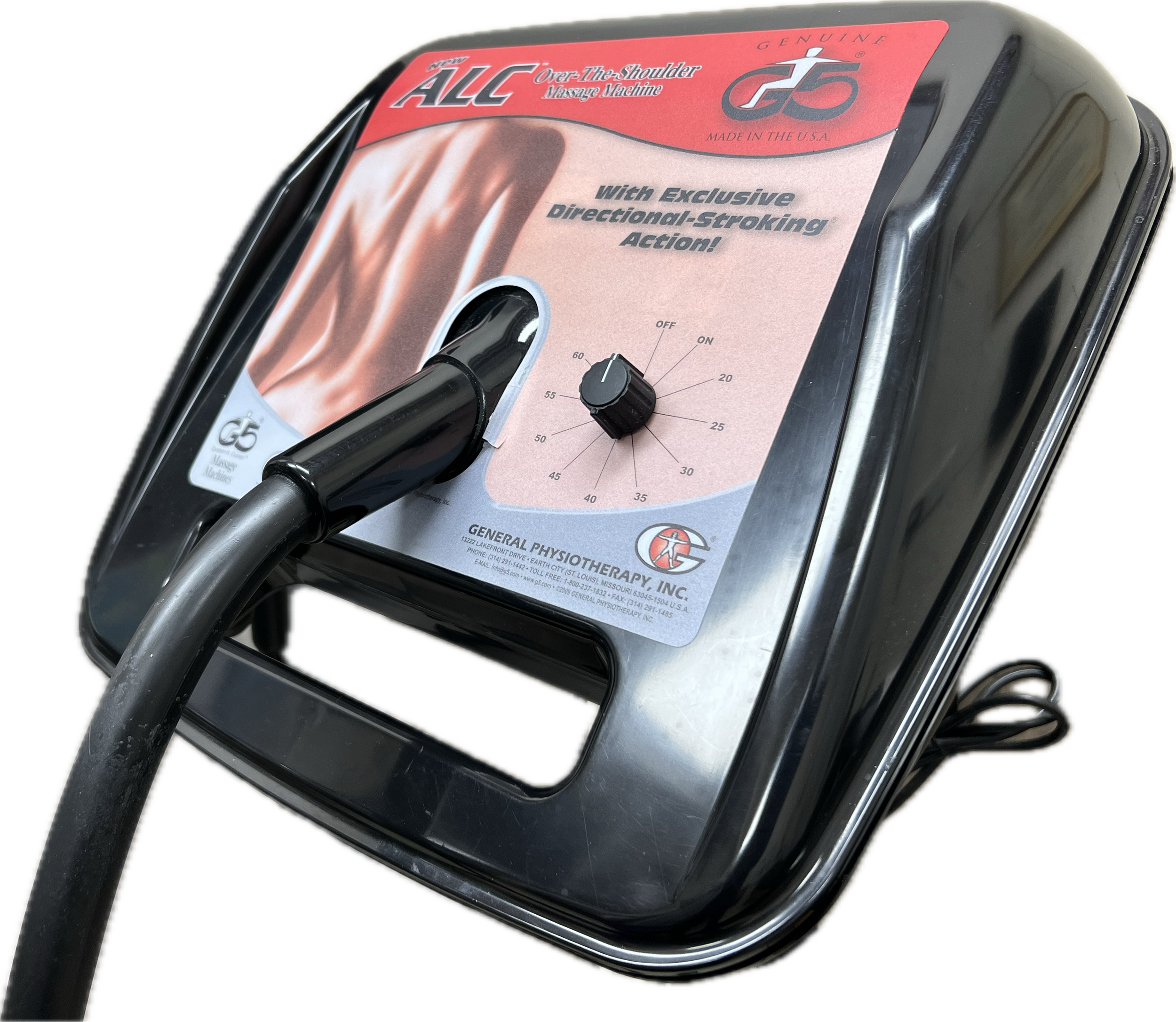 Electronic massage machine with a dial control and a label indicating it is for over-the-shoulder massage, featuring the G5 logo and a temperature control knob. Good for sprain/strain issues, soft tissue management