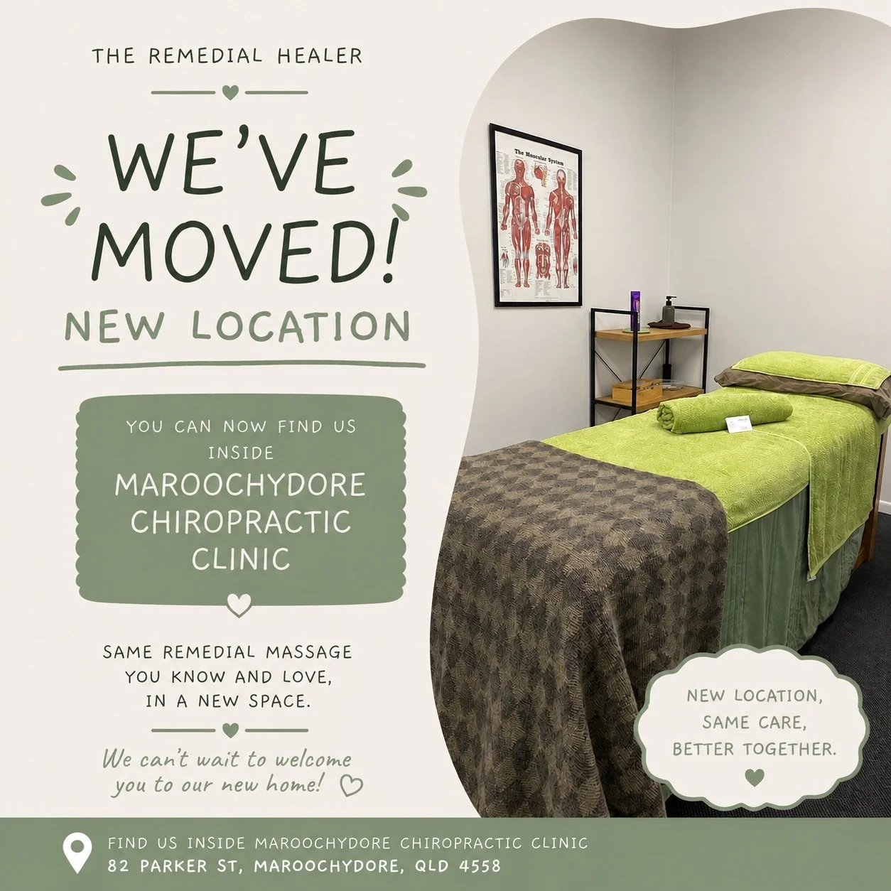 A fresh new space 🤍🌿

The Remedial Healer is now located inside Maroochydore Chiropractic Clinic ✨

Our new treatment room has been created to feel calm, welcoming and relaxing &mdash; the perfect space to unwind, reset and focus on your wellbeing.