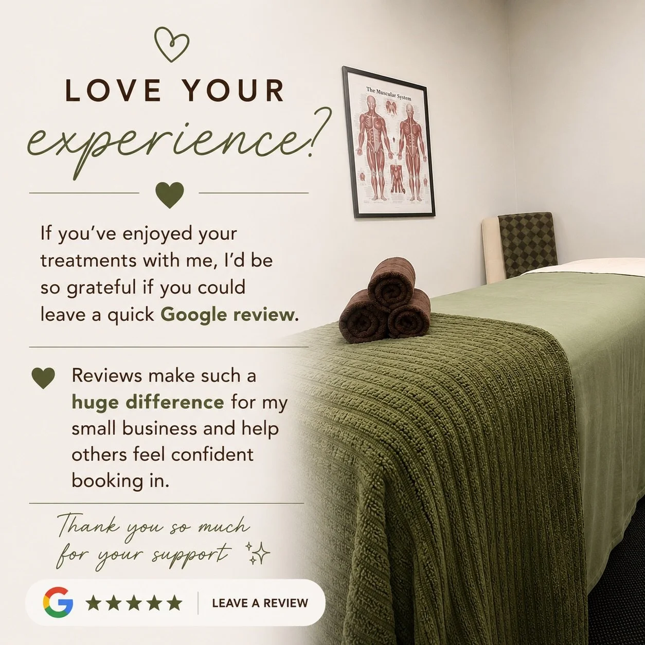 Google Review: https://g.page/r/CW6Hb2aopQhuEAE/review

Feeling supported by this little business lately 🫶

If you&rsquo;ve had a positive experience with me, I&rsquo;d absolutely love if you could leave a quick Google review 💚 It helps new clients