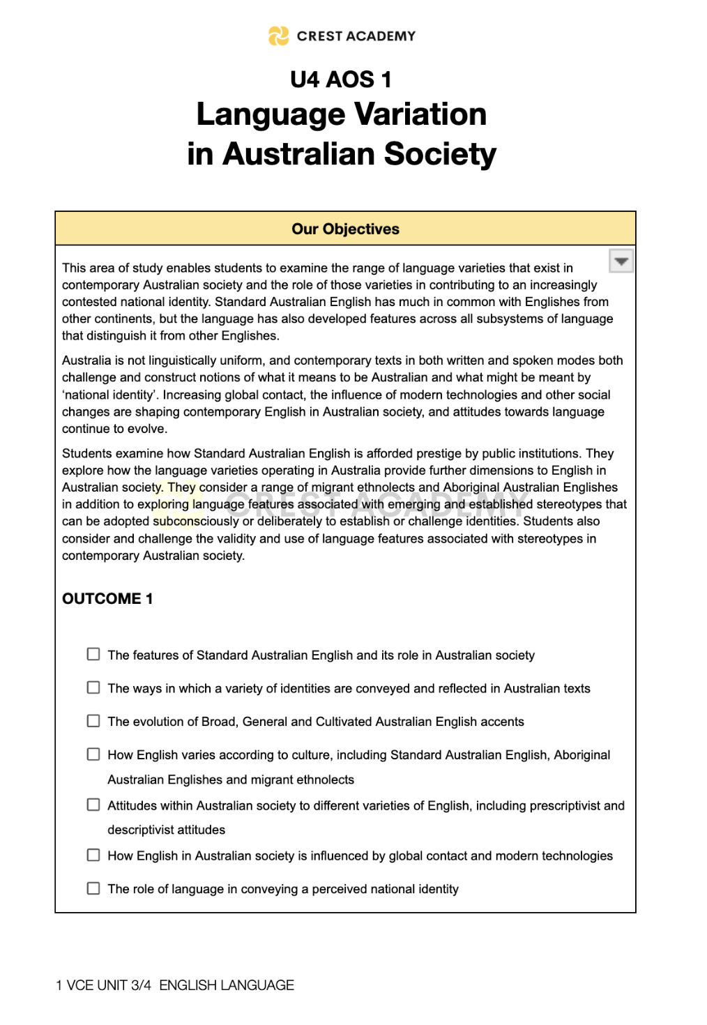 U4 AOS1  Language Variation in Australian Society: Guided Notes