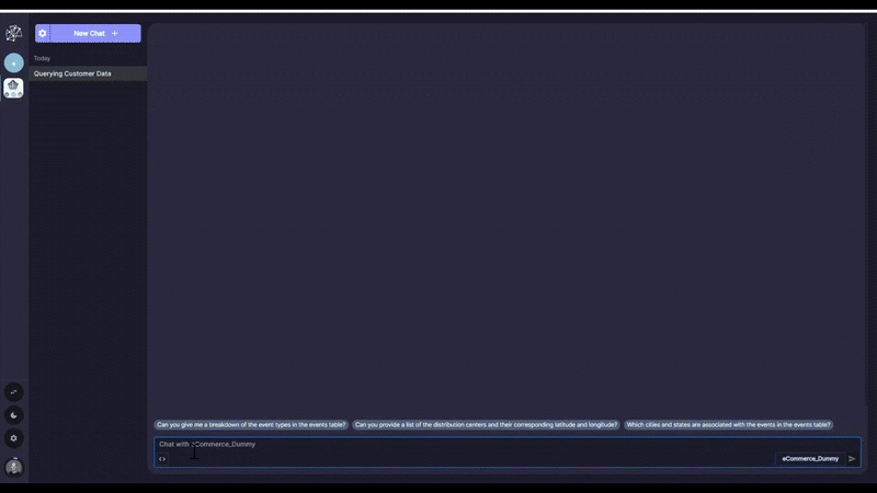 Screenshot of a computer interface with a chat window at the bottom and a sidebar on the left. The chat includes questions related to event data analysis and geographic information.