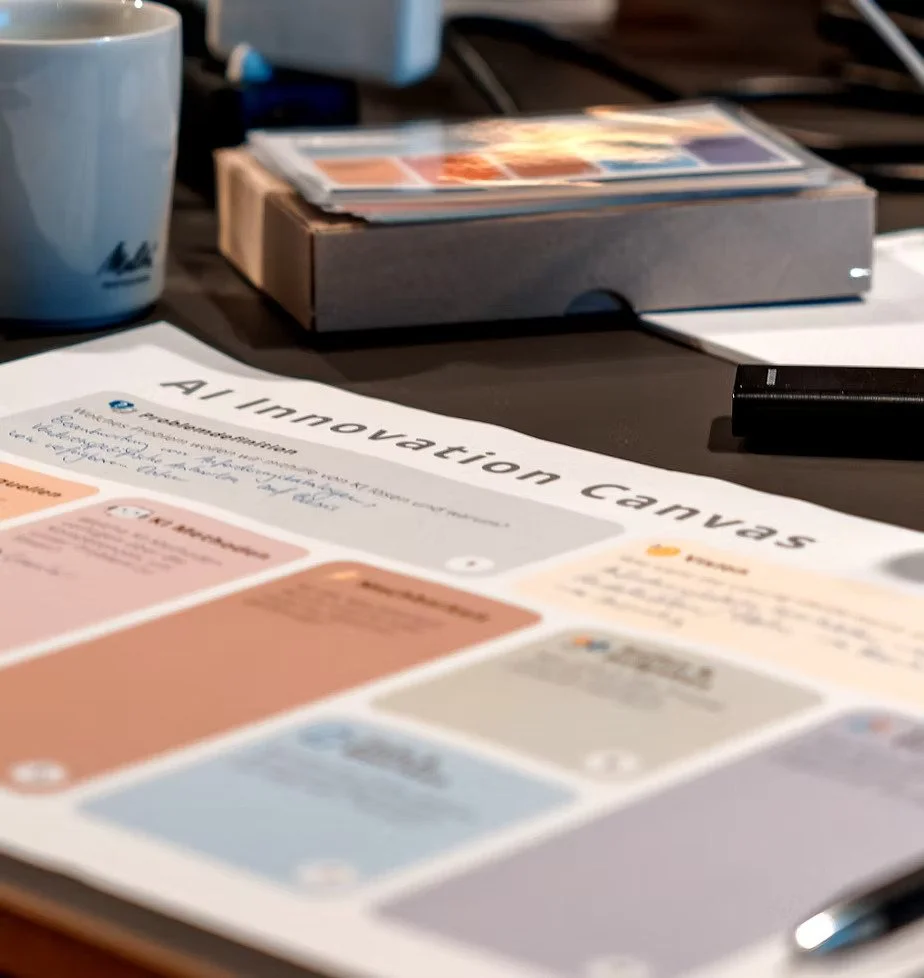 A table with a printed poster titled 'A I innovation Canvas,' a black pen, a mug, a cardboard box with colored cards, and some papers.