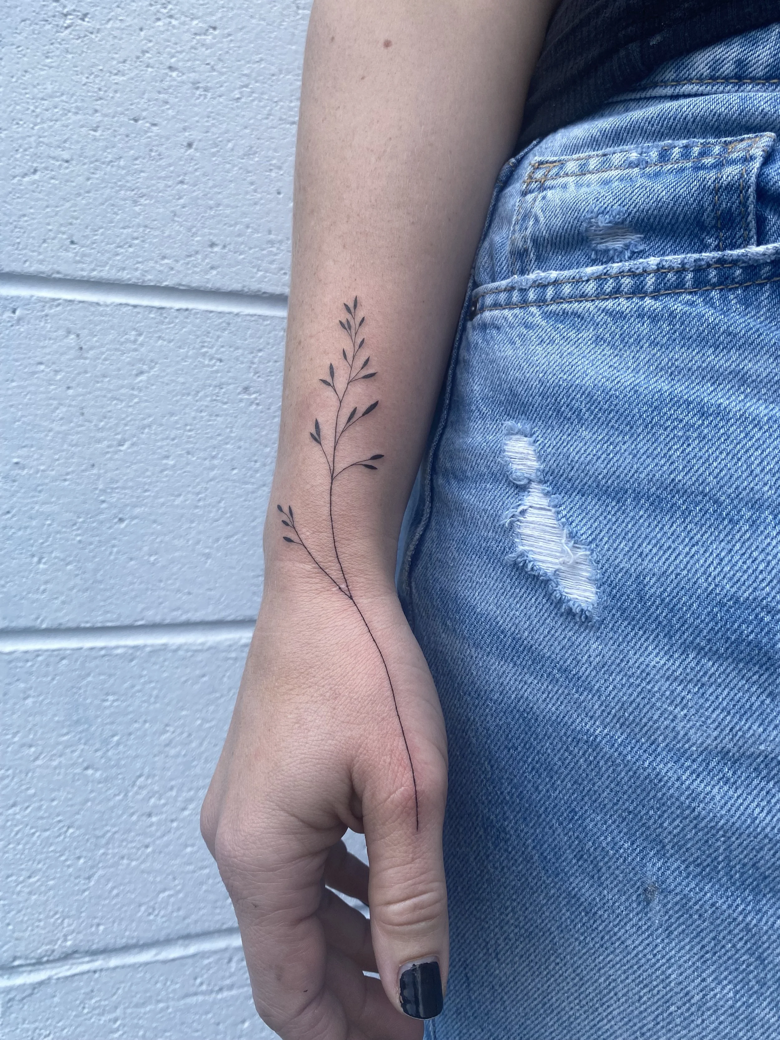 A person's arm with a delicate black line tattoo of a plant with small leaves, wearing ripped blue jeans, standing against a white brick wall.