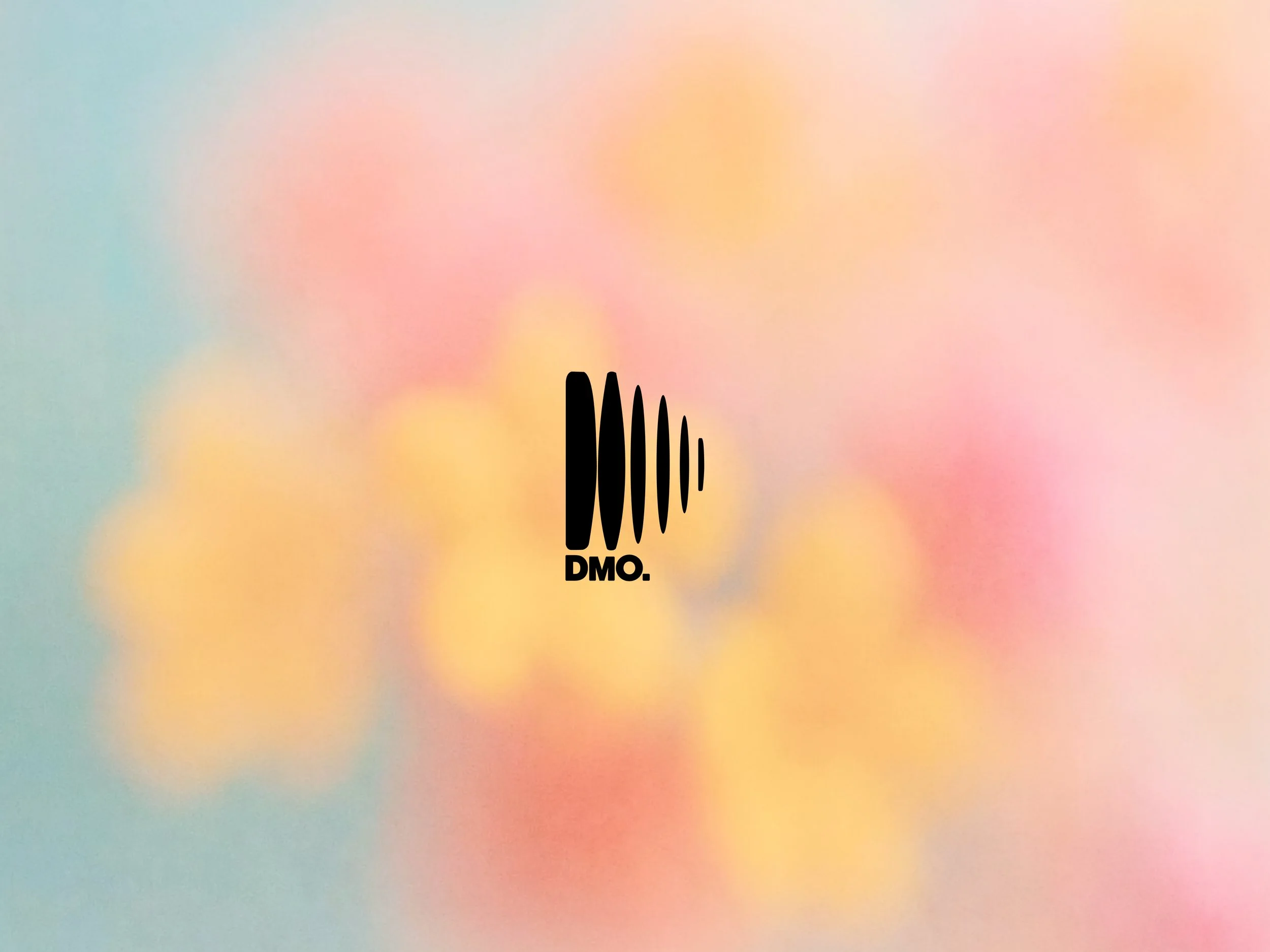 A blurred pastel-colored background with a black logo featuring a vertical spanning line and the letters 'DMO' below it.