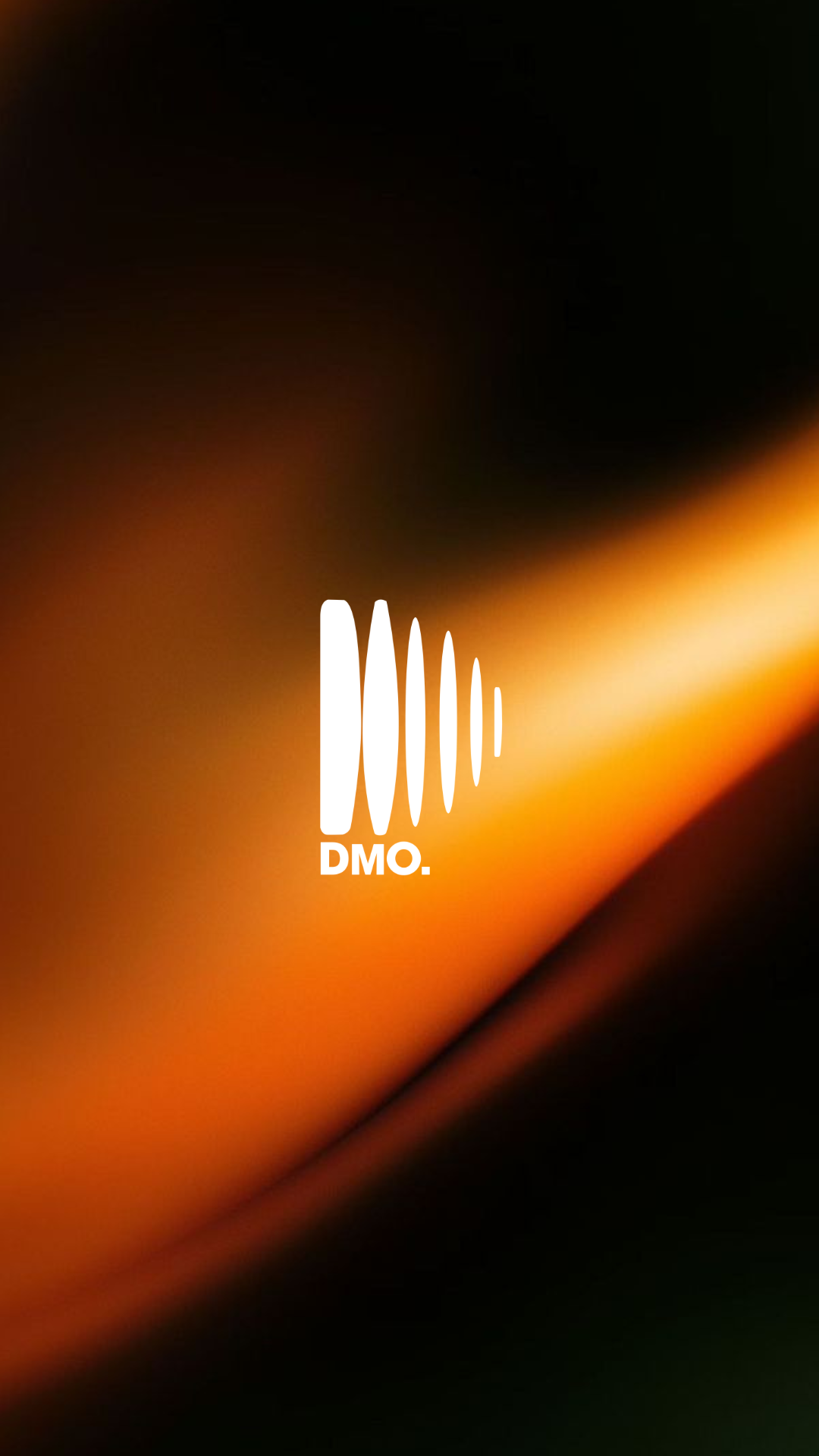 A black background with orange and yellow streaks. White logo in the center of a stylized fingerprint and the text "DMO." below it.