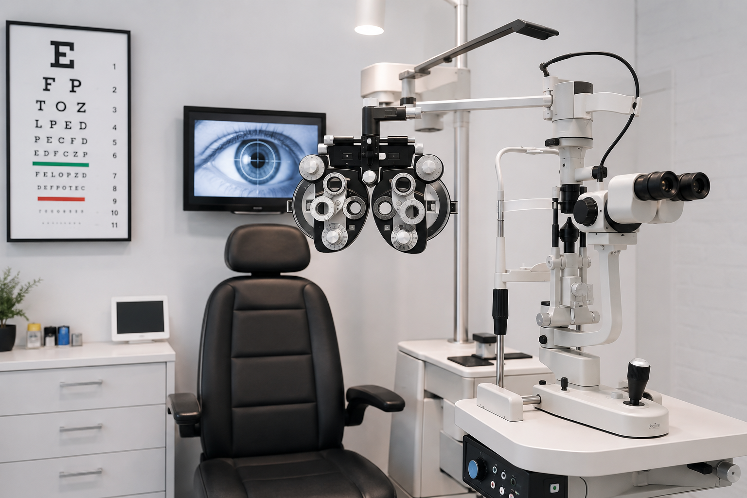 Optometry examination room with eye chart, phoropter, and eye monitor.
