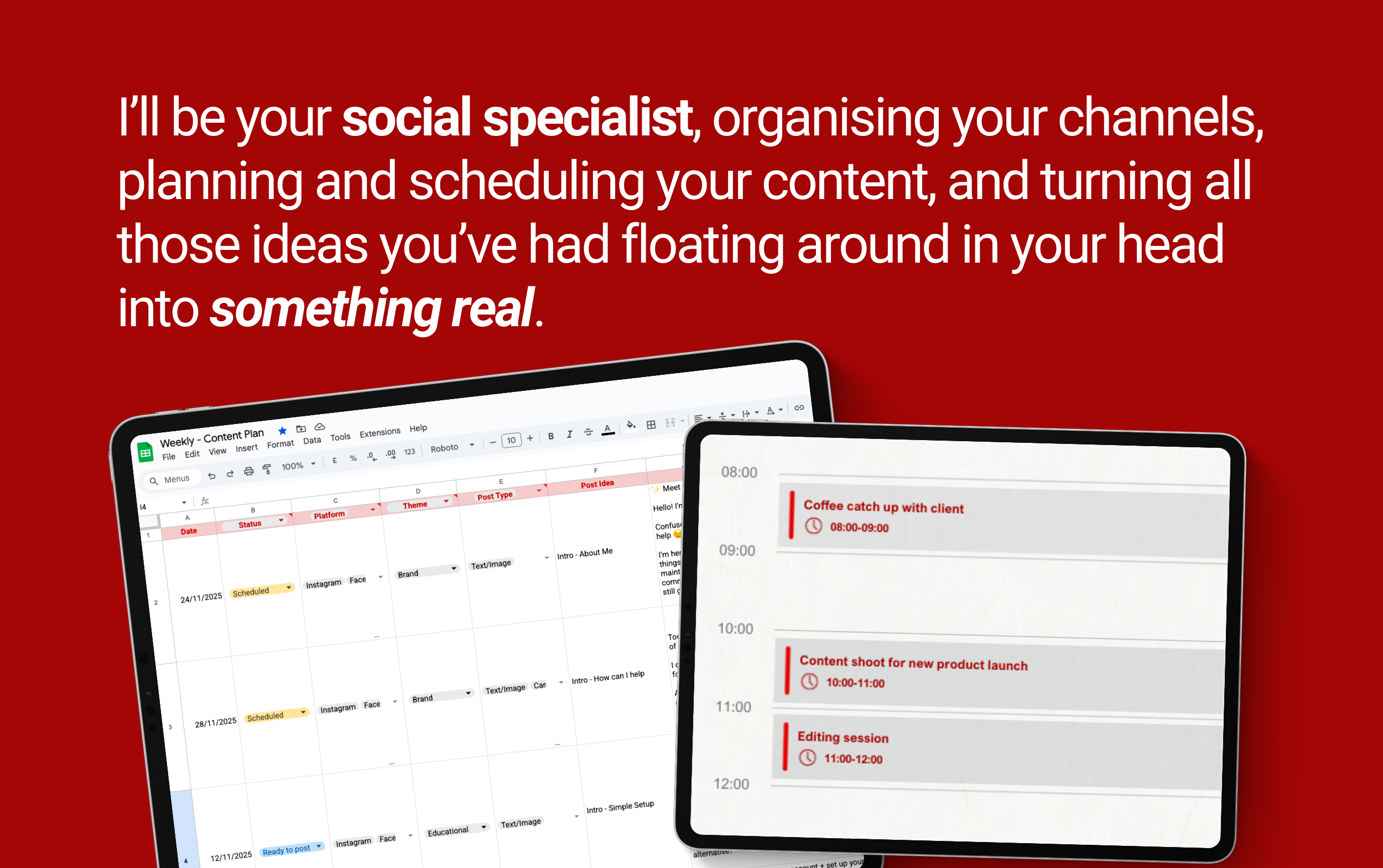 Red background with white and yellow text promoting social media content planning, showing two digital devices with content calendars and schedules.