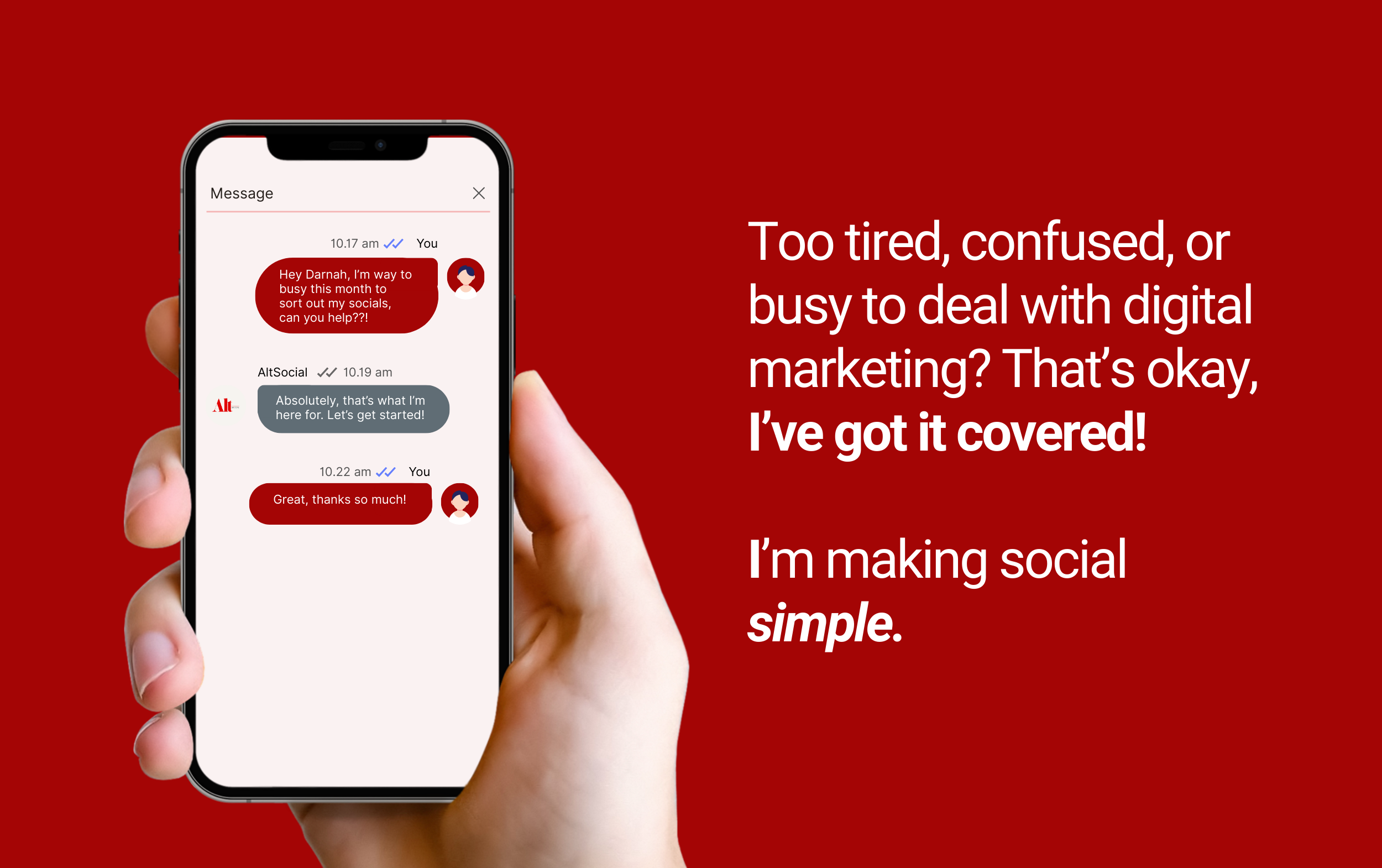 A hand holding a smartphone displaying a conversation with messages about digital marketing, set against a red background with white text emphasizing simplicity and ease of social media management.
