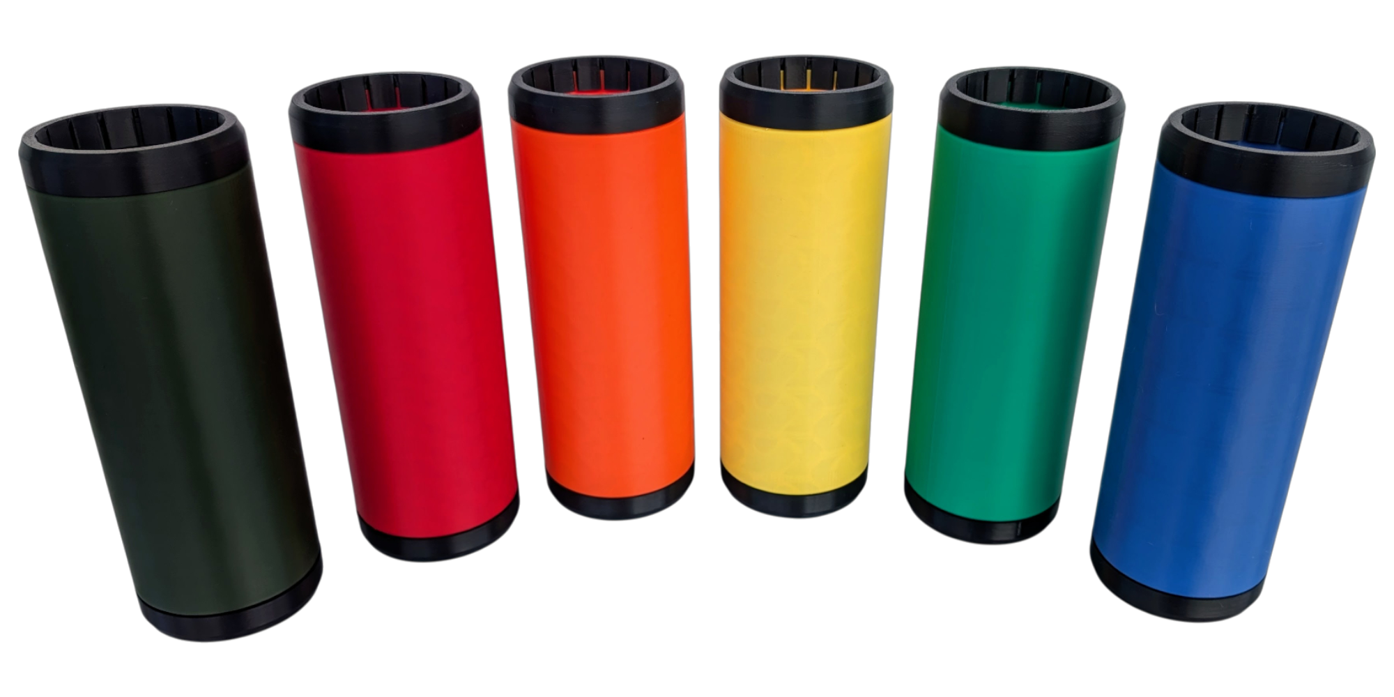 Six colored TwoCans, each with a black top and bottom, arranged in a row against a black background. The colors are dark green, red, orange, yellow, green, and blue.