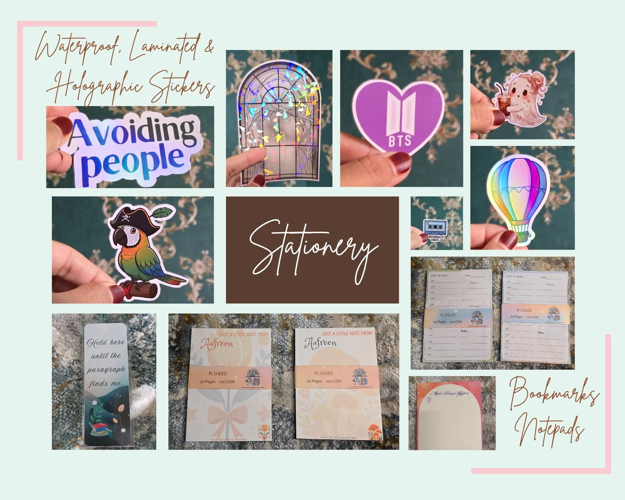 Collage of waterproof, laminated, holographic stickers, stationery items including bookmarks, notepads, planner sheets with floral designs, and decorative holographic window sticker. The stickers feature text and images such as a parrot with pirate hat, BTS logo, rainbow hot air balloon, a character with drink, and the words "Avoiding people" and "Stationery."