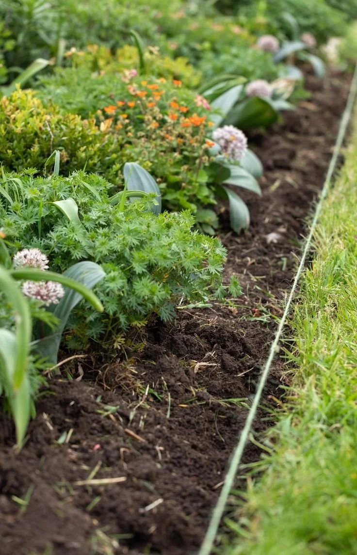 A garden bed with blooming flowers and green plants, separated from a grassy area by a string trellis.