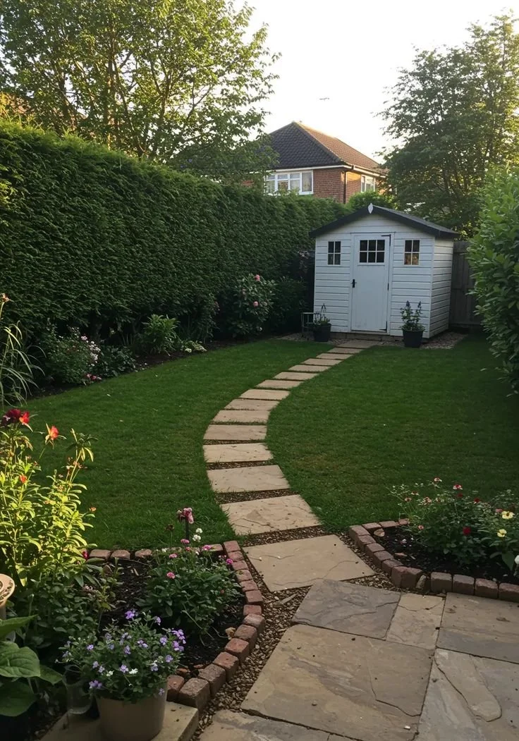 A backyard garden with a curved stone pathway leading to a white wooden shed, surrounded by flower beds and lush green trees.