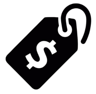 A black price tag with a white dollar sign icon and a transparent string for attachment
