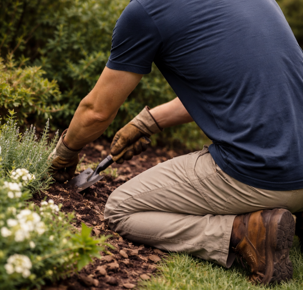 A person kneeling in a garden, tending to plants with a small hand trowel, wearing gloves, brown boots, beige pants, and a navy blue shirt.