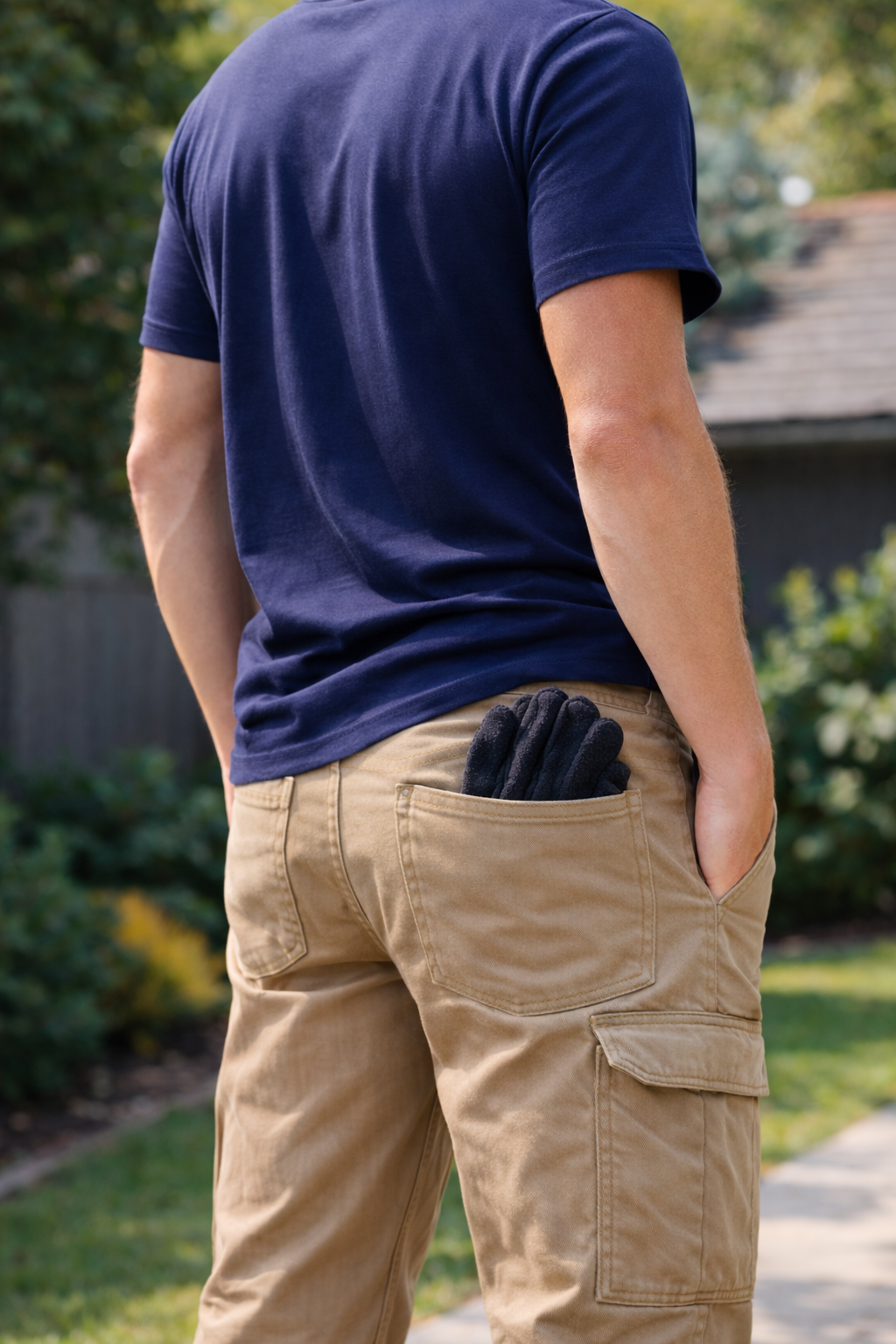 A person wearing a navy blue t-shirt and khaki cargo pants with black gloves in the back pocket, standing outdoors in a backyard with greenery and a wooden fence.