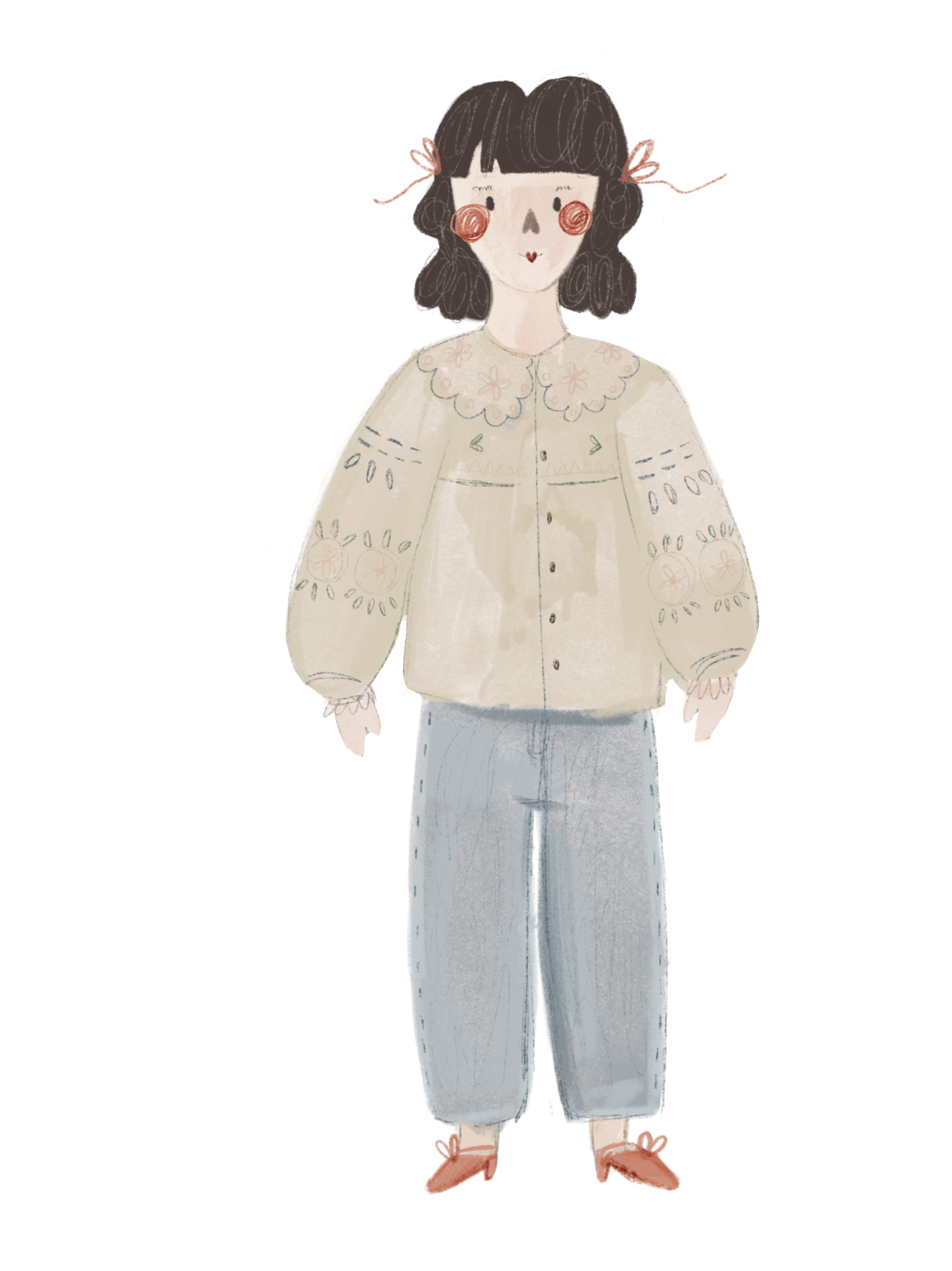 A watercolor-style illustration of a young woman with wavy dark brown hair with pink bows, wearing a cream-colored embroidered blouse, loose light blue pants, and pink shoes.